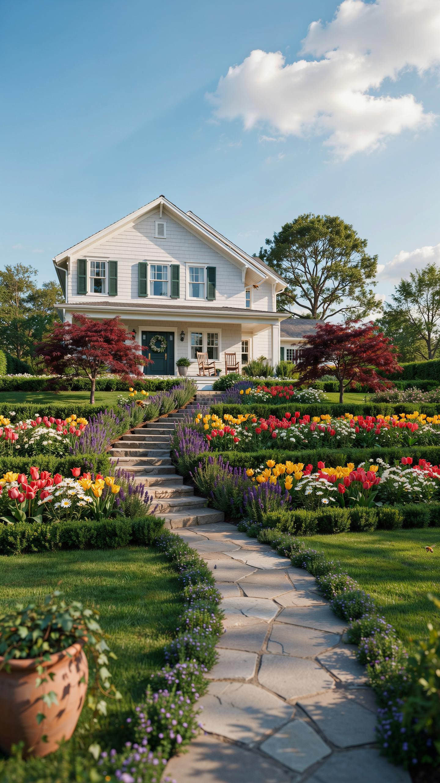 A long, winding stone path leads up a terraced garden filled with rows of colorful tulips and manicured green hedges, culminating at a white two-story