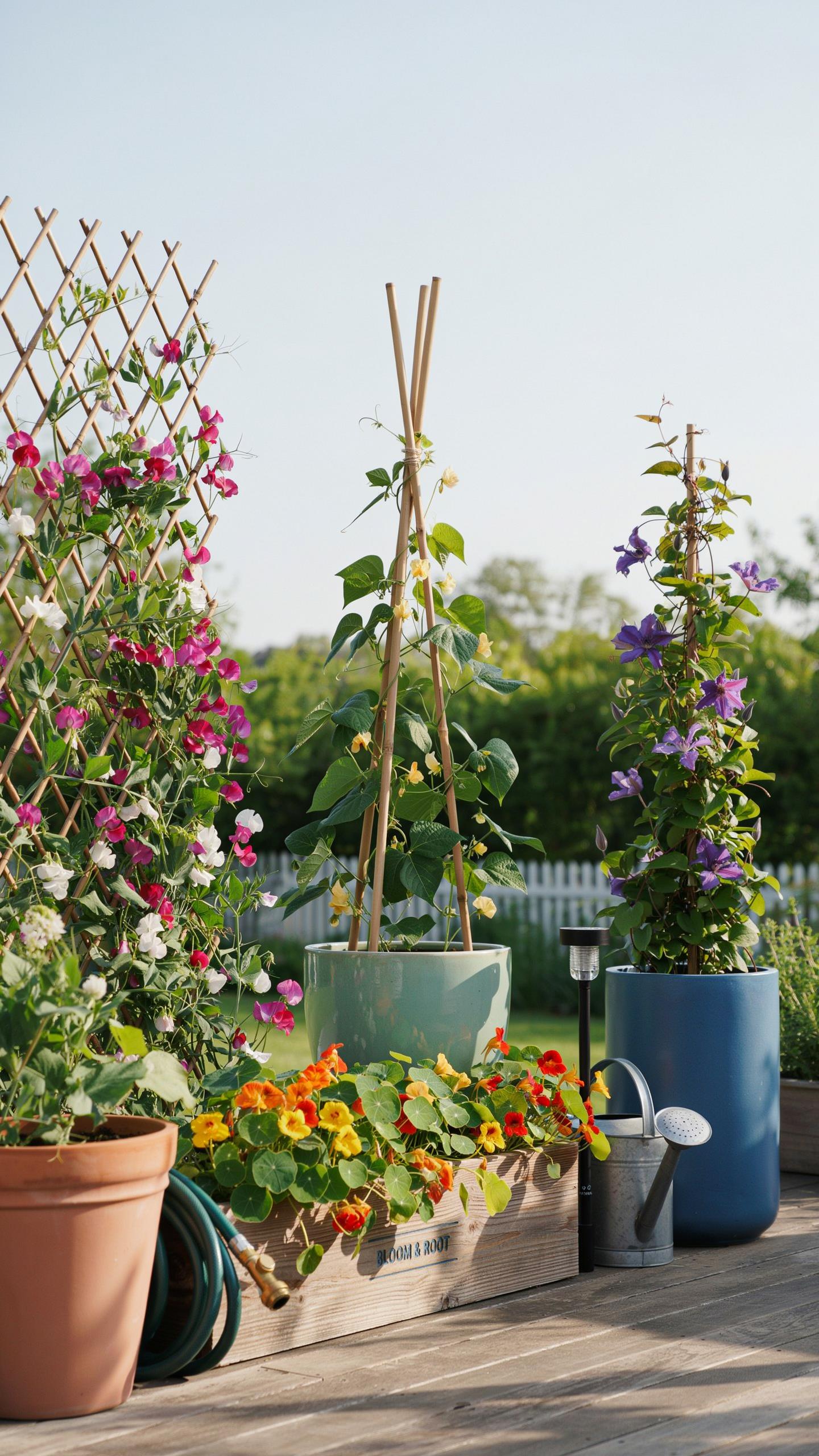 A vibrant garden setup on a wooden deck features various potted plants, including colorful sweet peas climbing a trellis, nasturtiums in a wooden plan