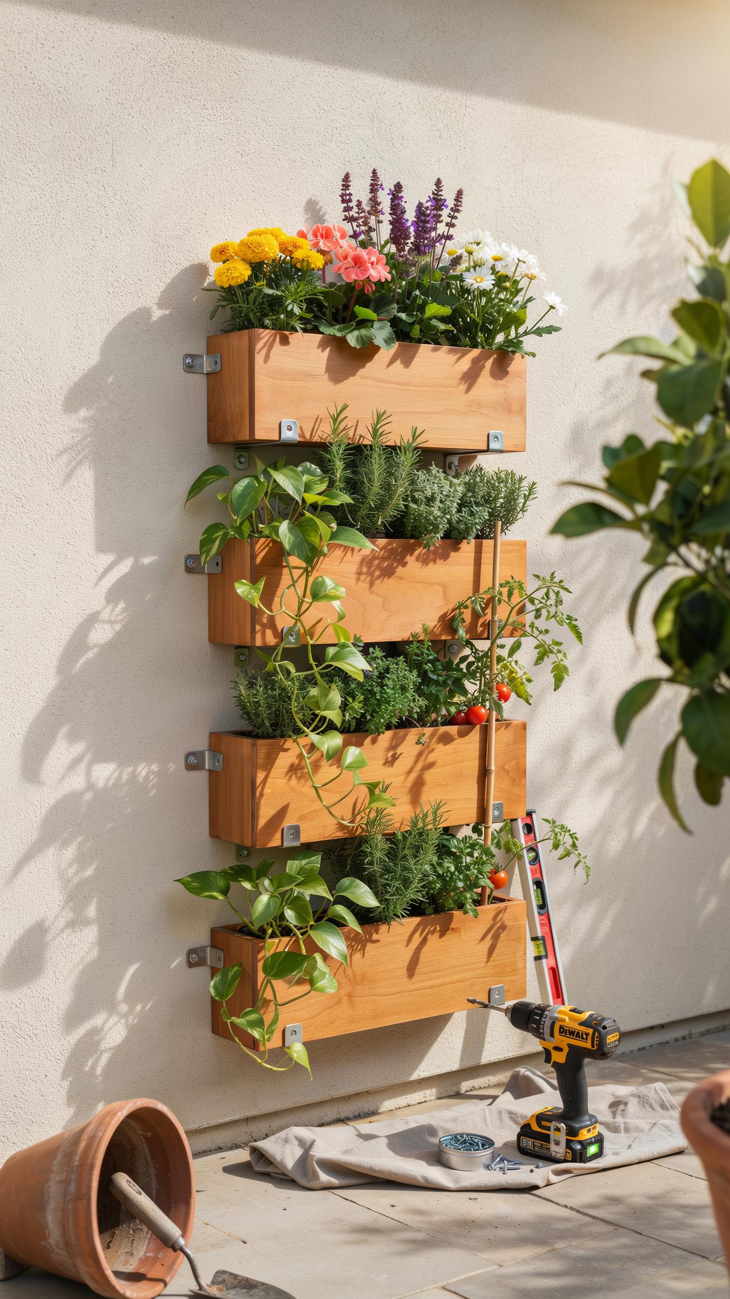 A multi-tiered wooden vertical garden, filled with vibrant flowers and green herbs, is mounted on a light-colored wall with visible metal brackets, wh