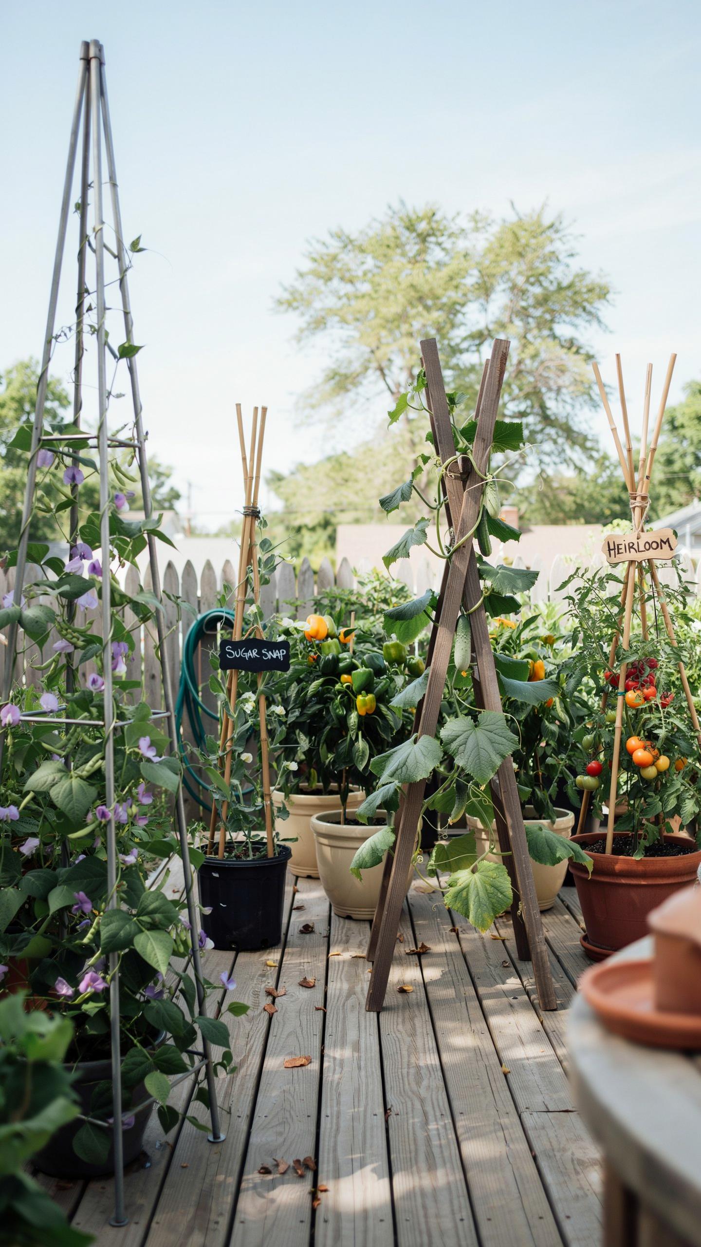 A vibrant garden is set up on a wooden deck with various potted plants and trellises. On the left, a tall metal obelisk supports climbing plants with
