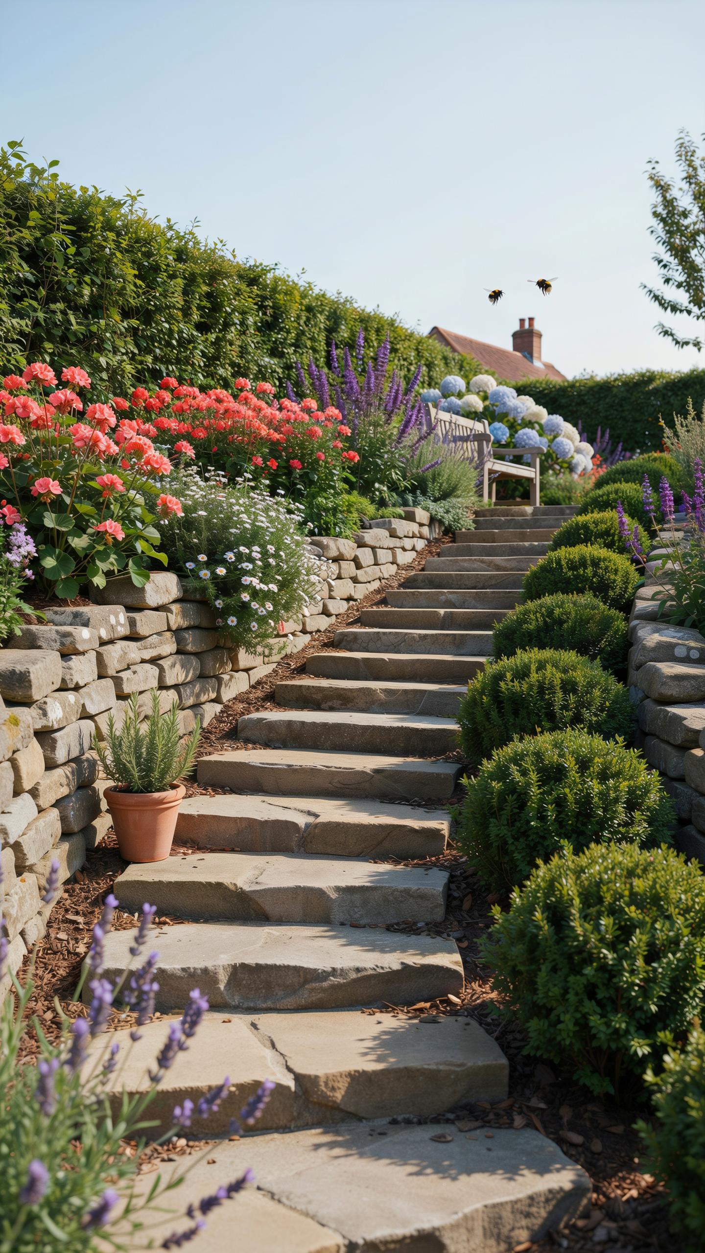 A long, curved stone staircase ascends a vibrant, terraced garden on a sunny day, with a wooden bench visible at the top of the stairs.