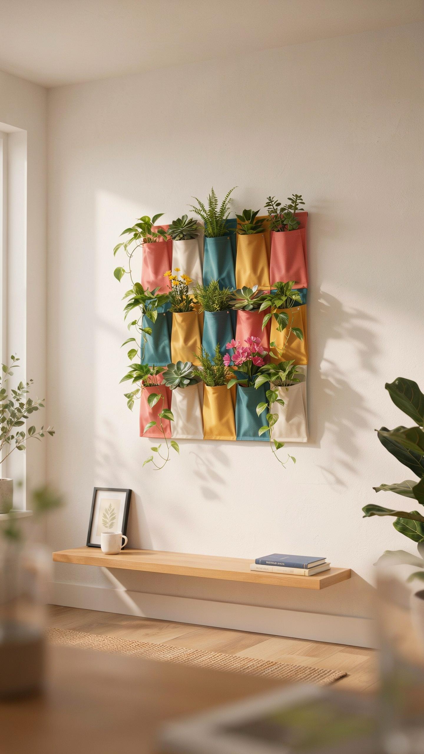 A brightly lit living room features a wooden bench with framed art and a book, beneath a large vertical garden made of colorful fabric pockets holding