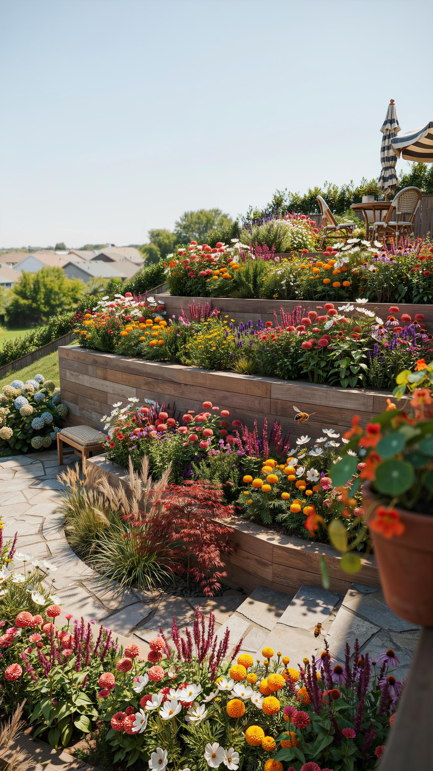 A vibrant tiered garden with wooden retaining walls is filled with a variety of colorful flowers and plants, leading up a sunny hillside with a distan