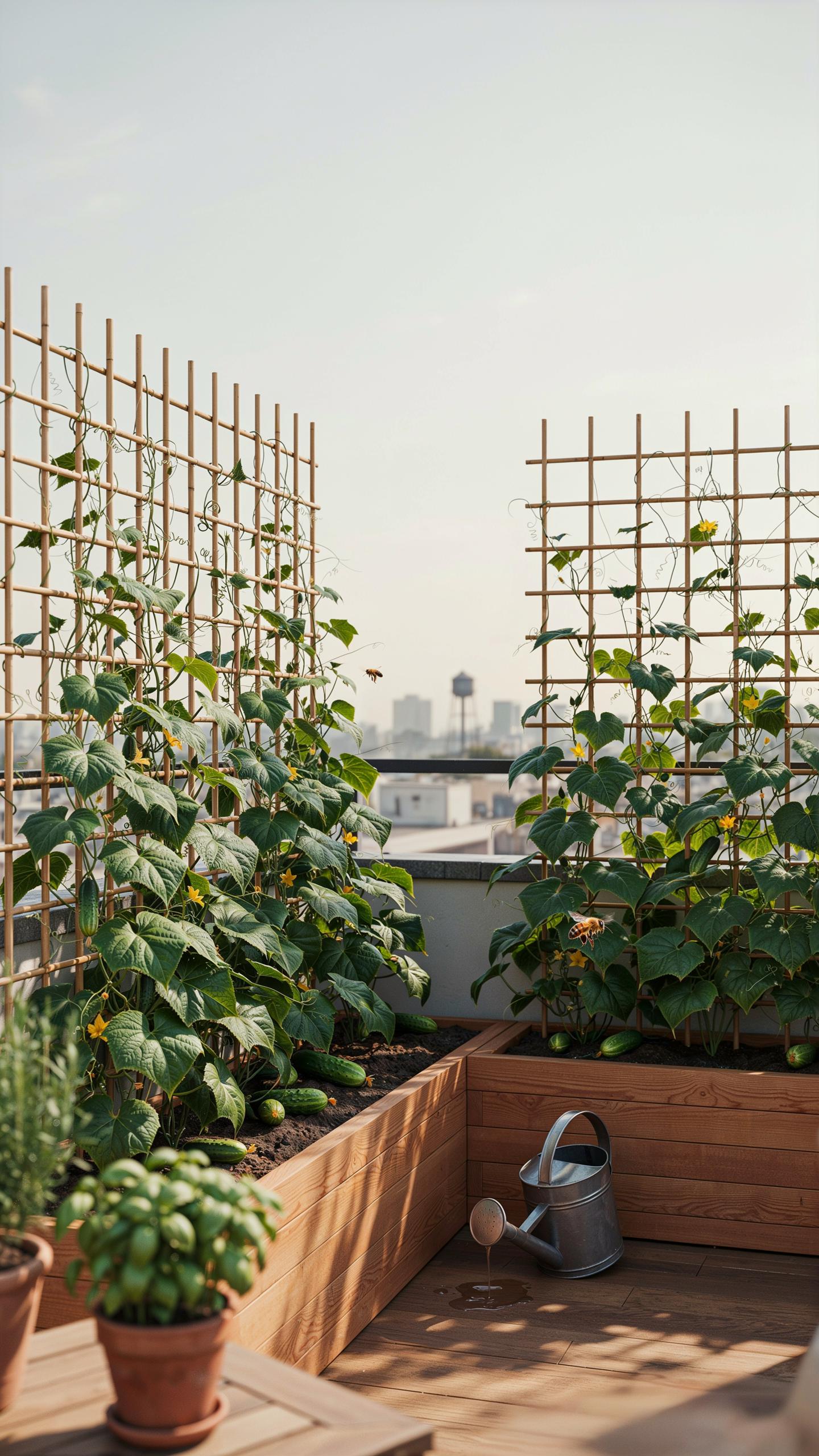 Two tall wooden raised garden beds filled with lush green plants, likely cucumbers, growing up sturdy trellises on a sunny rooftop, with a metal water