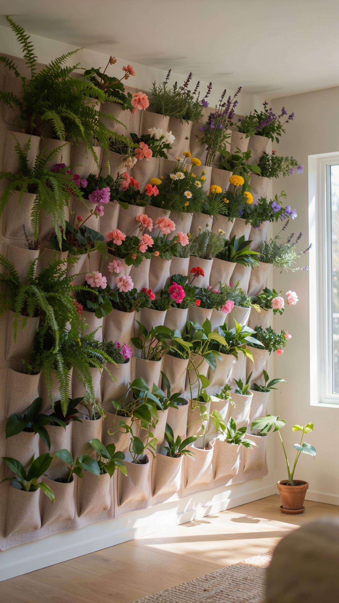 A large vertical garden made of numerous beige fabric pockets is mounted on a light-colored wall, filled with a variety of green plants and colorful f