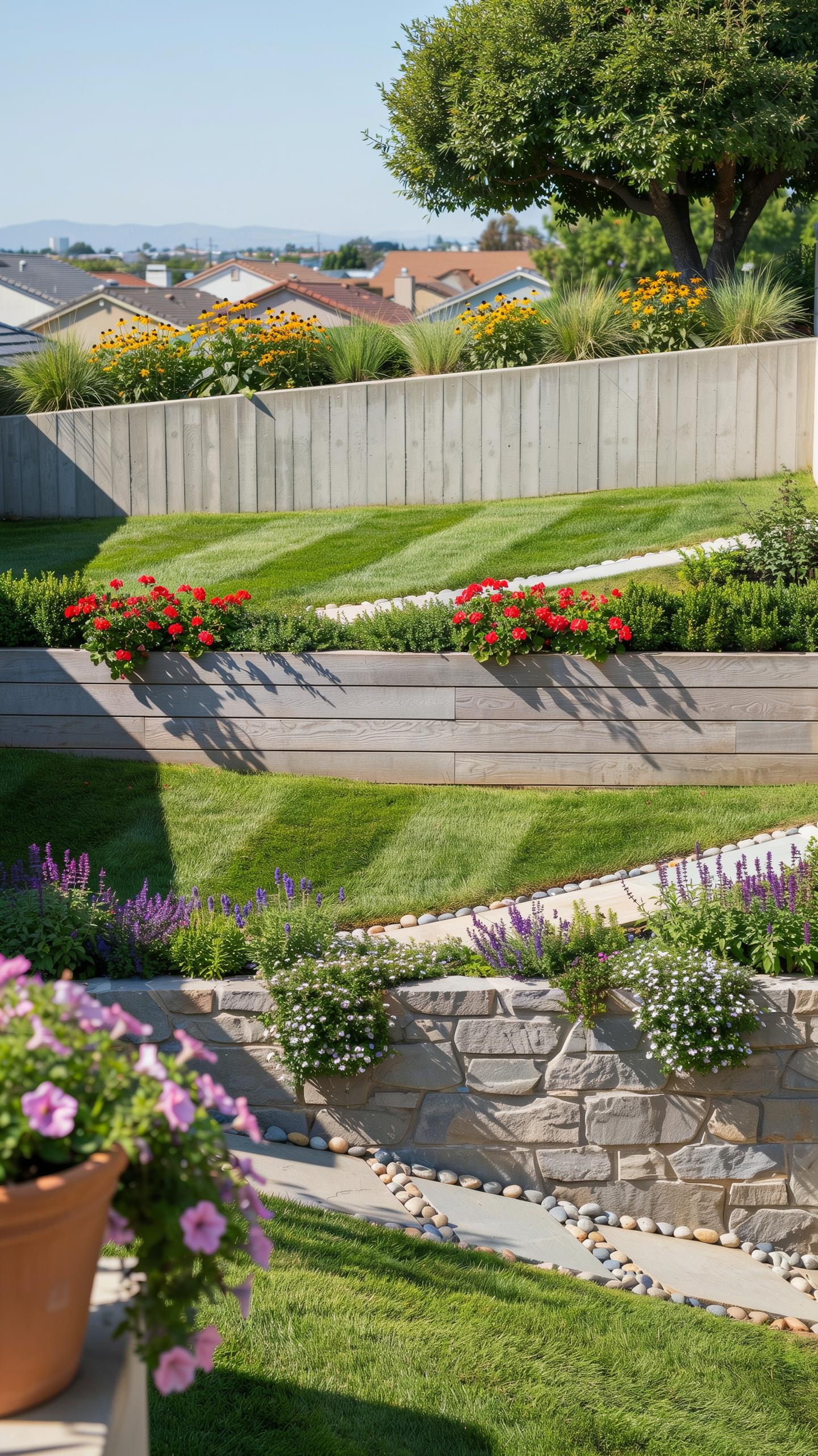 A multi-tiered hillside garden features meticulously manicured green lawns with mowing stripes, interspersed with retaining walls of wood and stone, a