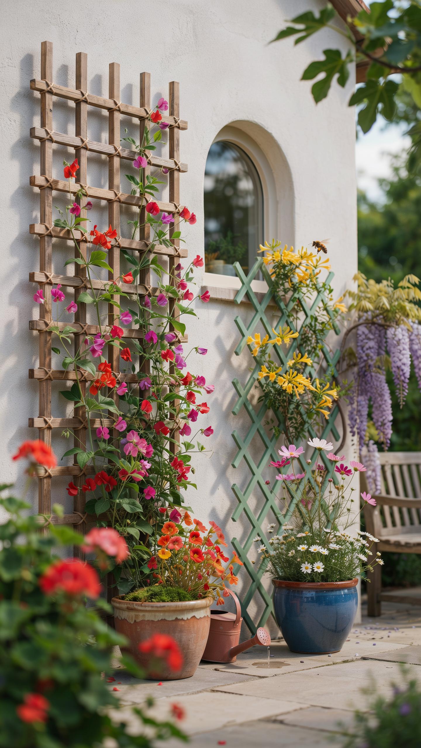 A white stucco building exterior is adorned with various trellises and potted plants, including a tall wooden trellis with red and pink climbing flowe