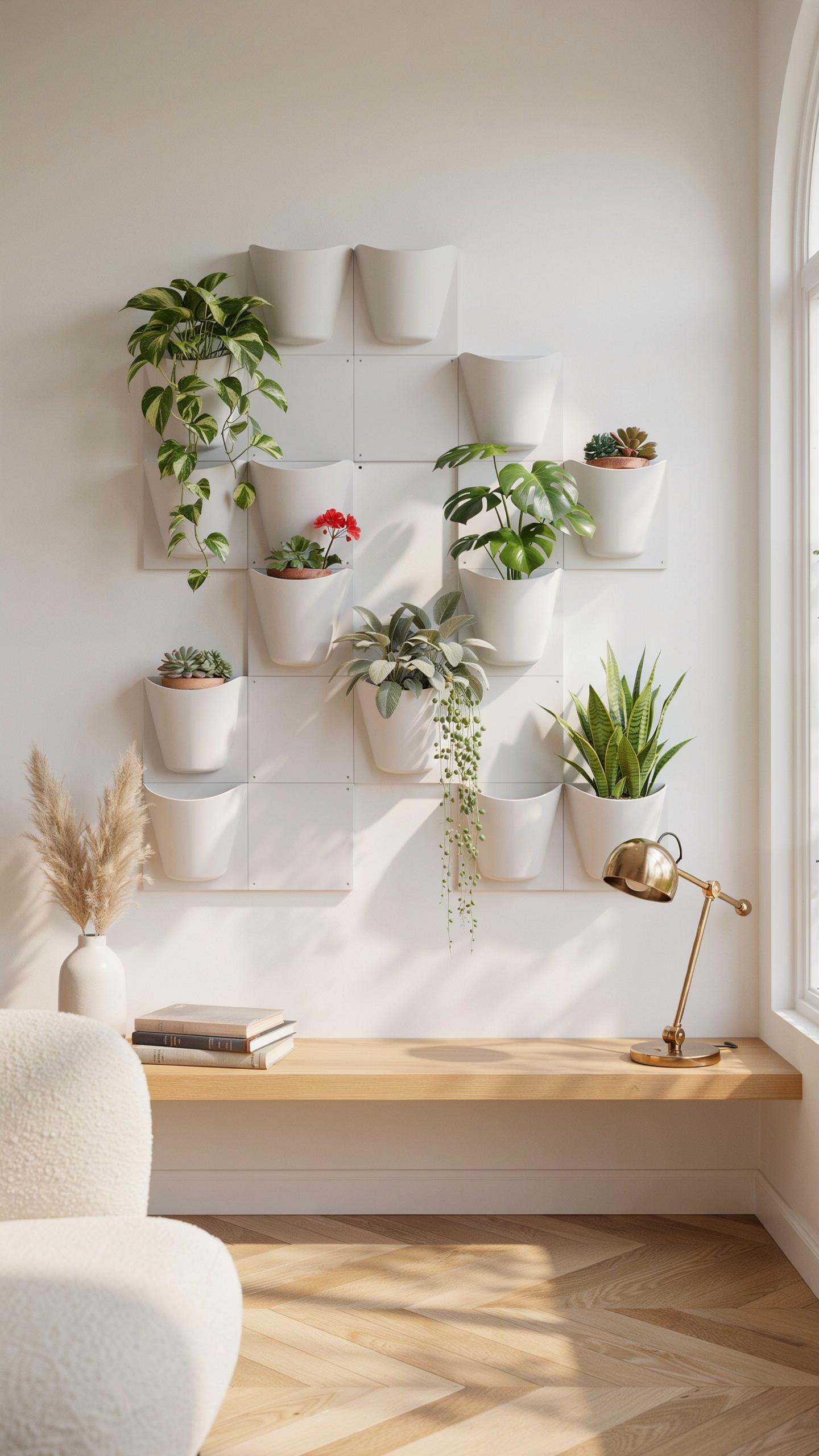 A modern living room features a vertical wall garden with multiple white planters holding various green plants, above a light wood bench with a beige