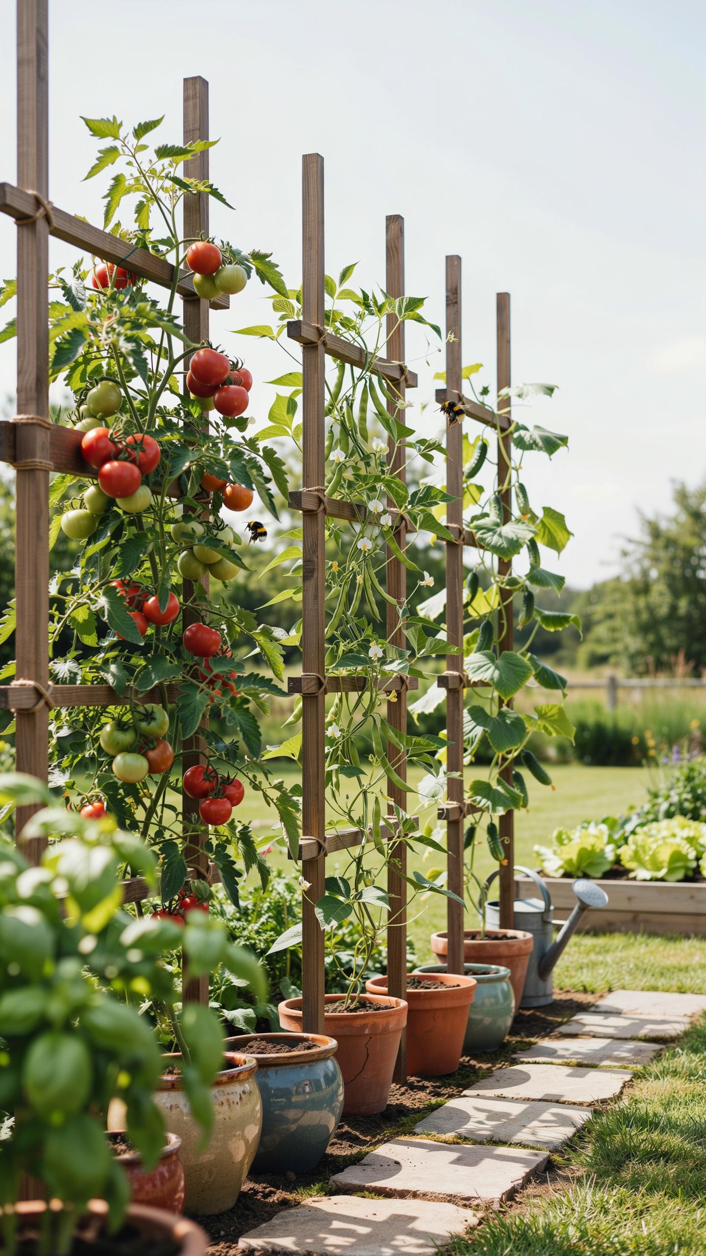A sunny outdoor garden features a row of potted plants with tall wooden trellises, supporting growing tomato and bean plants, set against a backdrop o