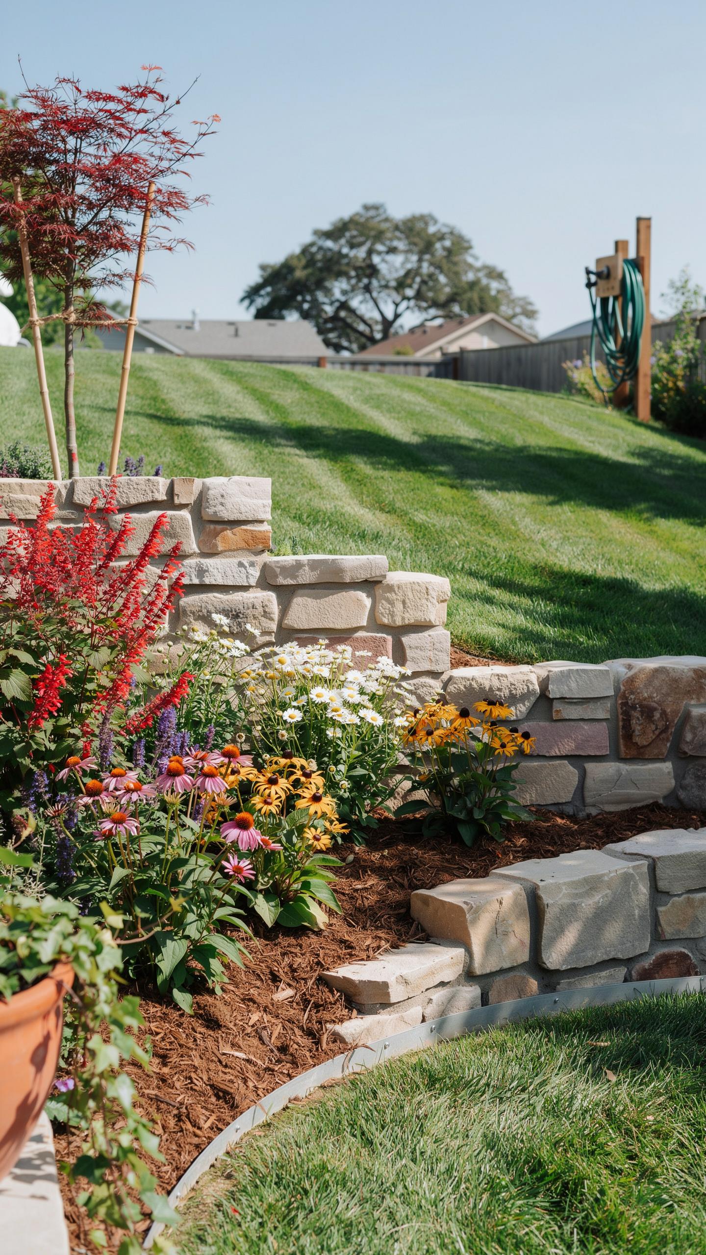 A sloped backyard features a tiered retaining wall made of rough-cut light brown stones, with colorful flowers and green plants in the beds. The upper