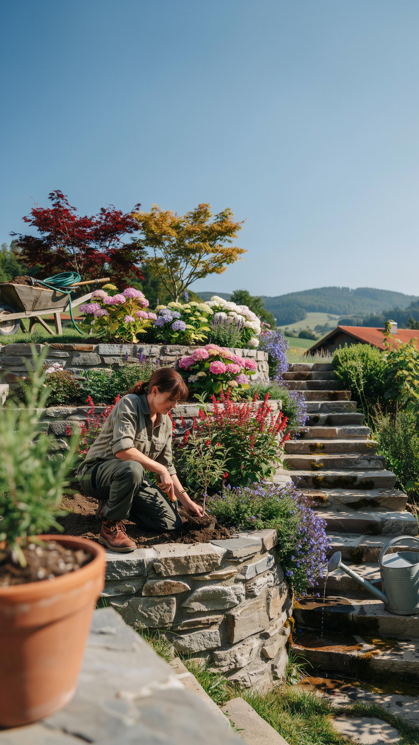 A person with short brown hair kneels and tends to plants in a terraced garden with stone retaining walls, vibrant flowers, and a stone staircase lead