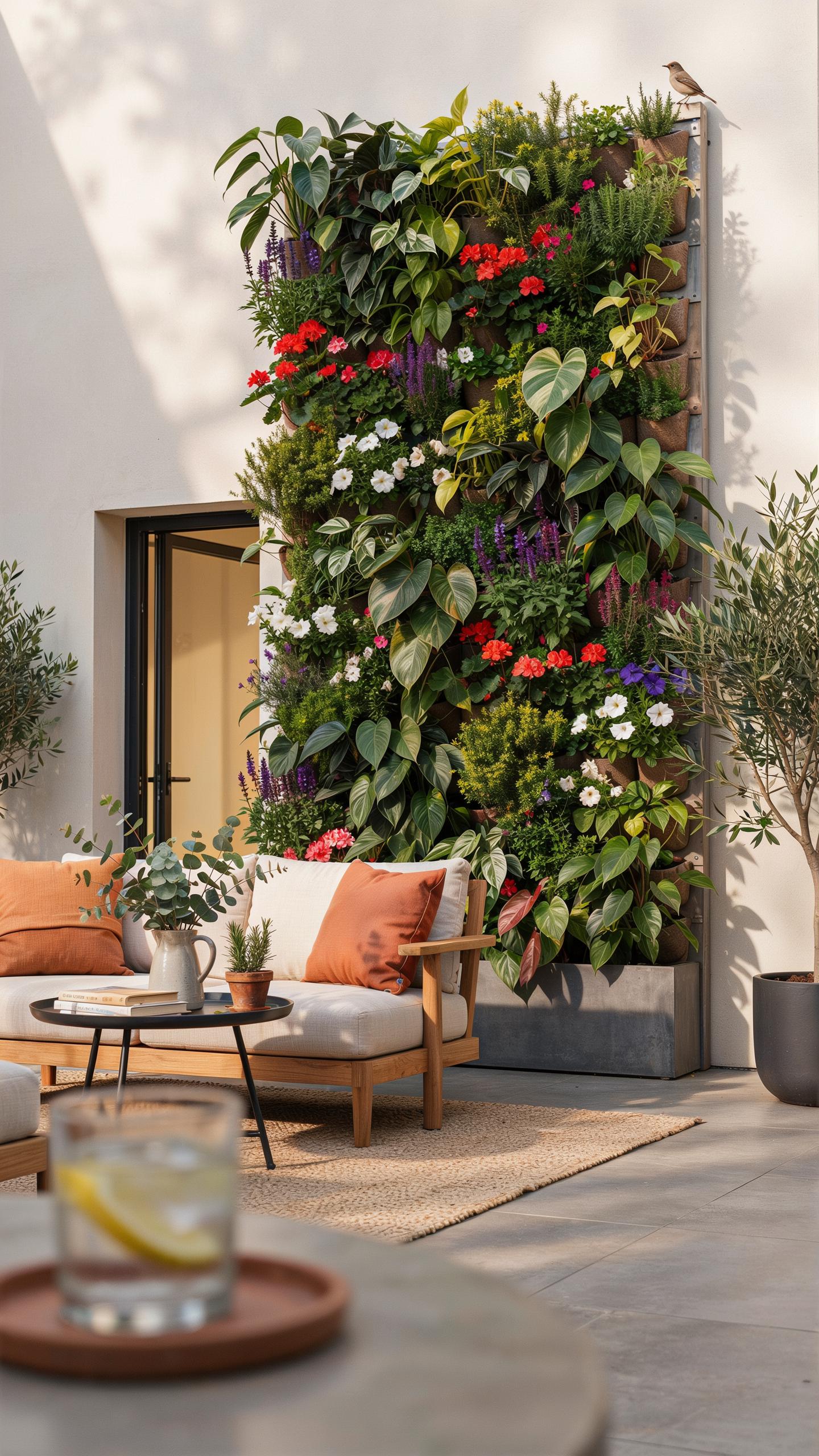 A vibrant vertical garden filled with various green plants and colorful flowers stands tall against a white wall on a sunny outdoor patio, with modern