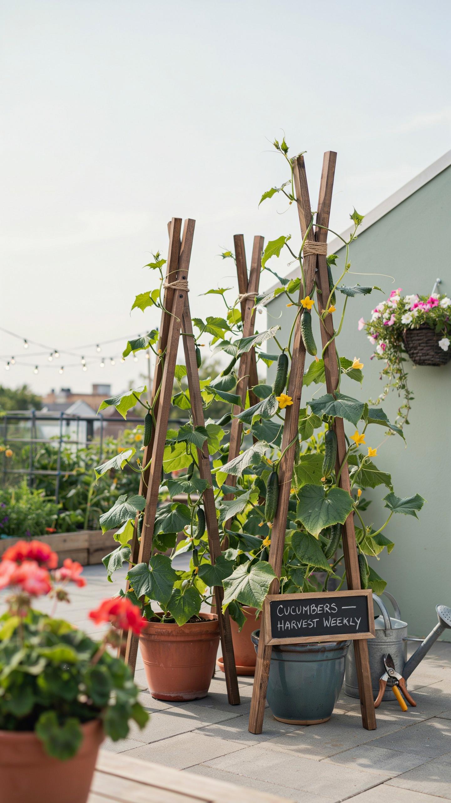 Three cucumber plants with green leaves, yellow flowers, and small cucumbers are growing up tall wooden teepee trellises in terracotta pots on a light