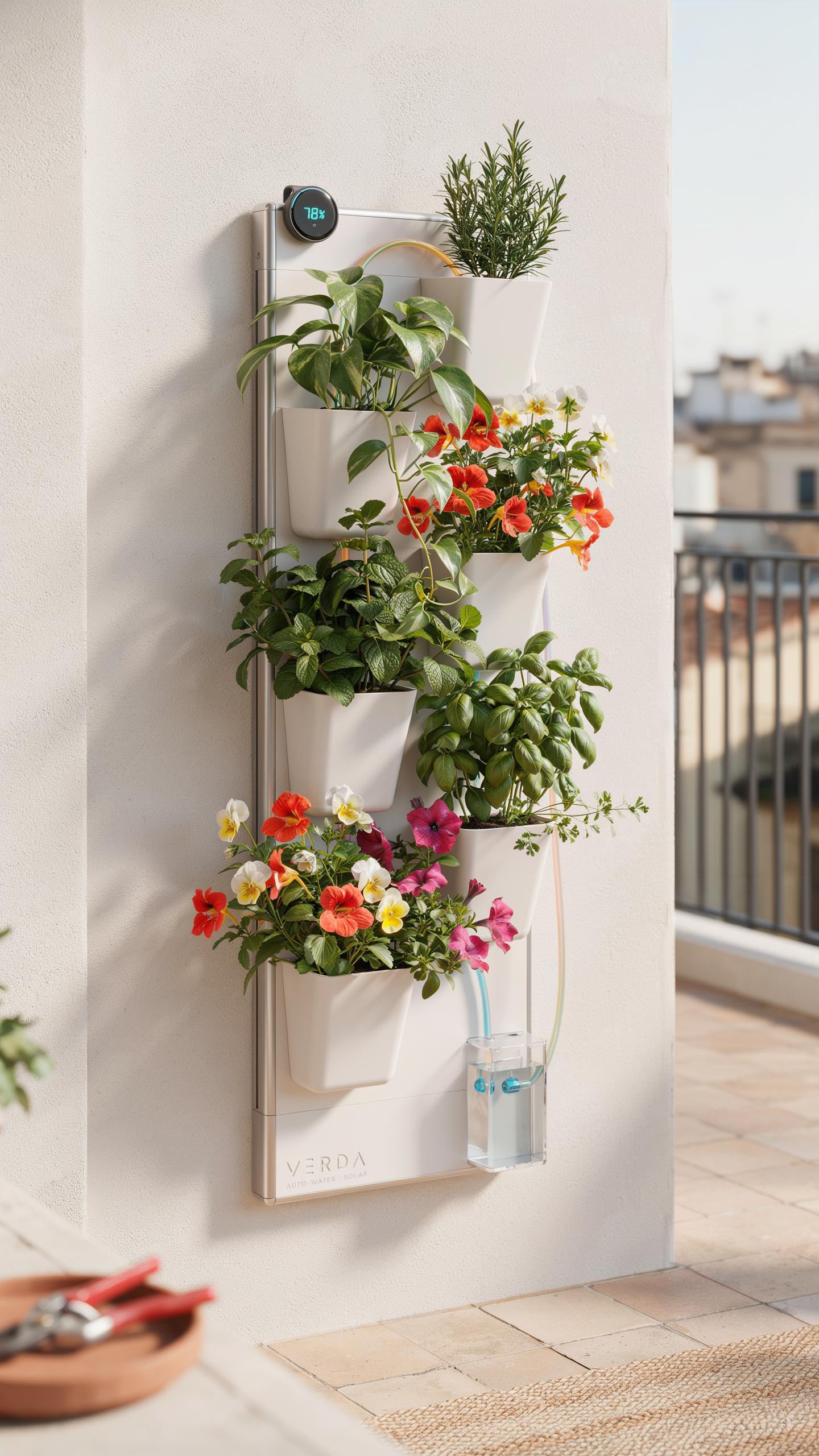 A white vertical garden with four tiers of potted plants and flowers is mounted on a light-colored wall on a sunny outdoor balcony, with a small blue