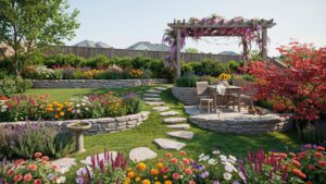 A beautiful, multi-level backyard garden features lush green grass, stone retaining walls, and a variety of colorful flowers in full bloom, with a sto