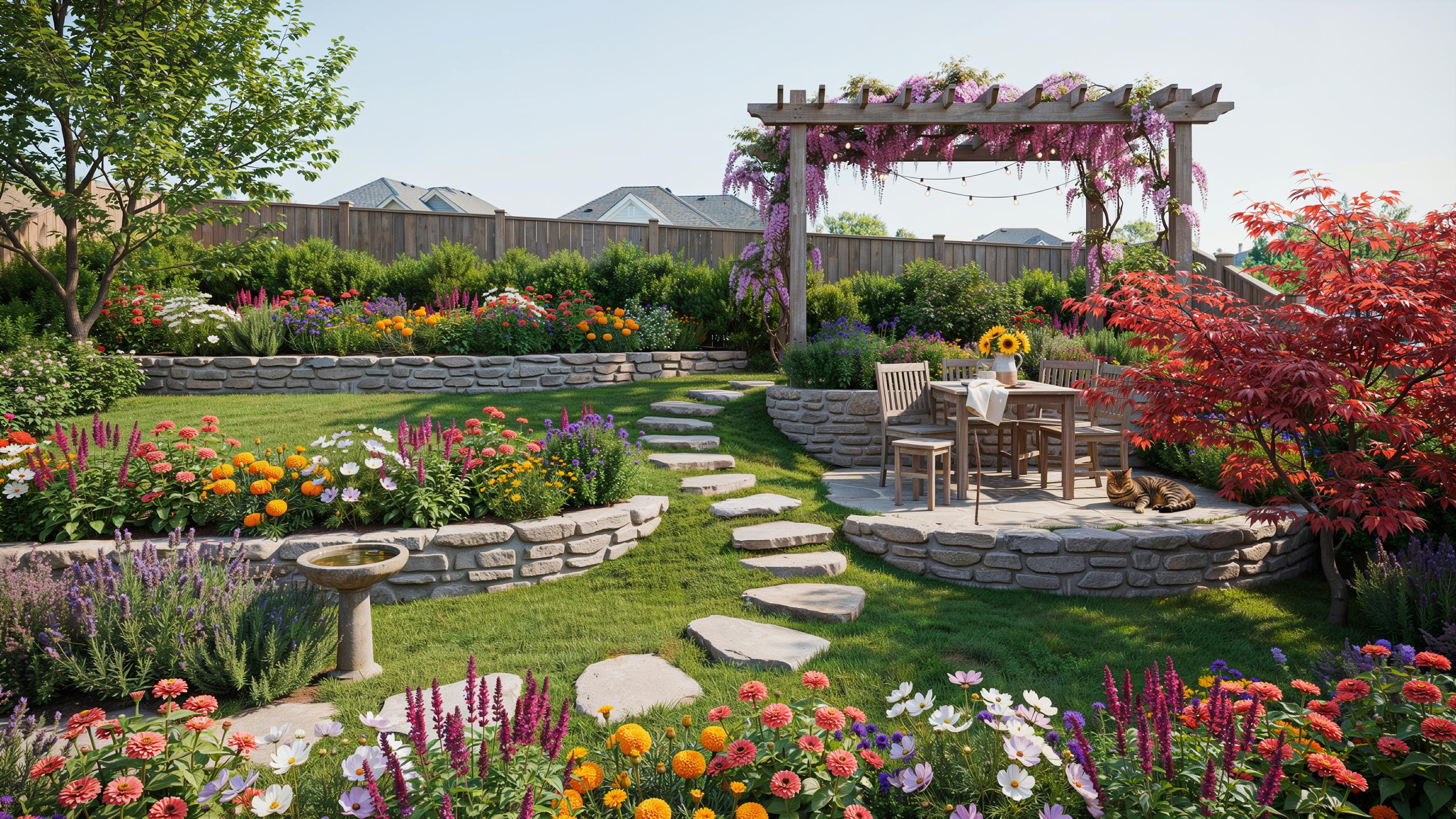 A beautiful, multi-level backyard garden features lush green grass, stone retaining walls, and a variety of colorful flowers in full bloom, with a sto