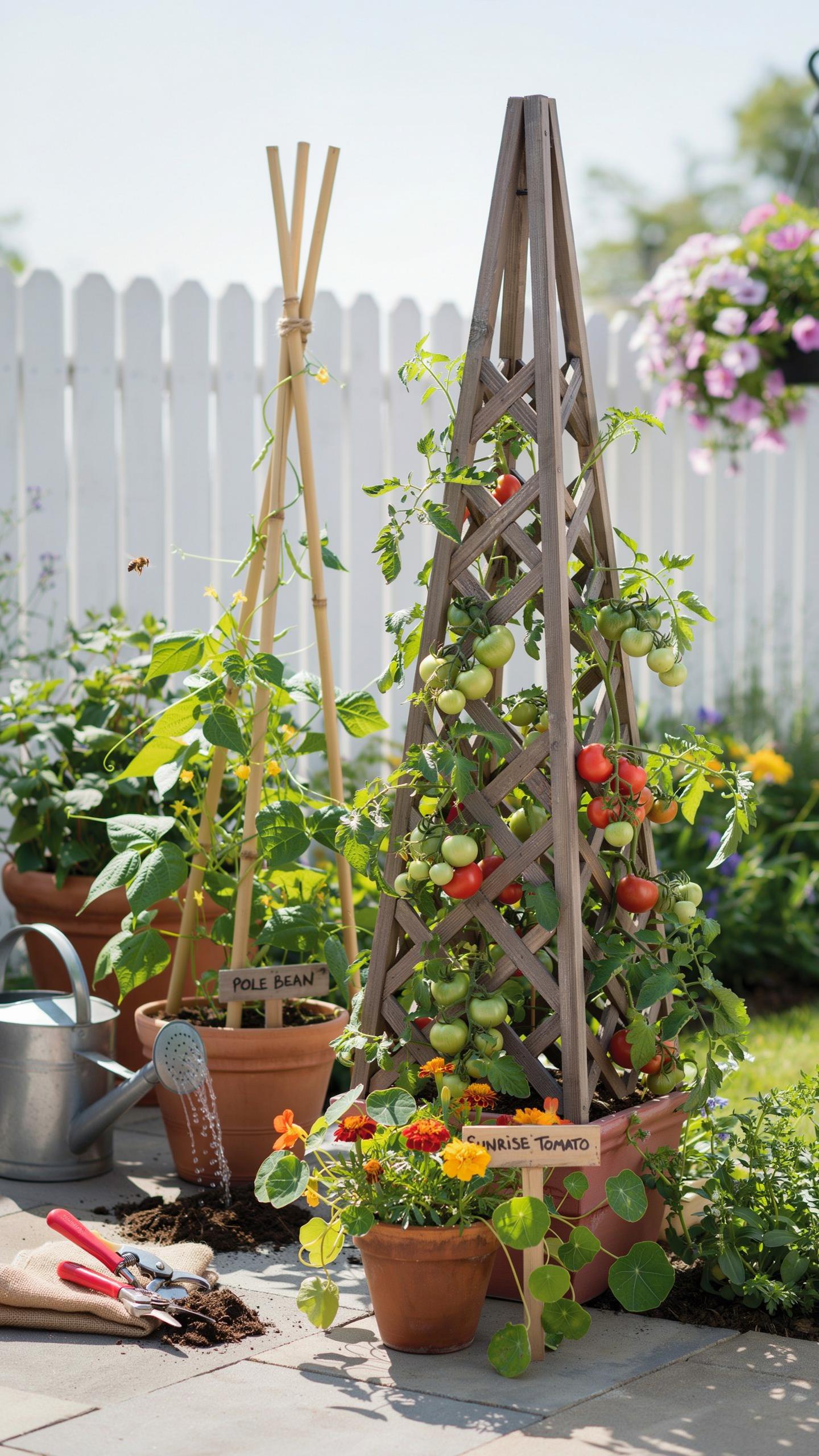 Two potted plants with trellises stand on a paved patio in front of a white picket fence, with gardening tools and a watering can on the ground. The p
