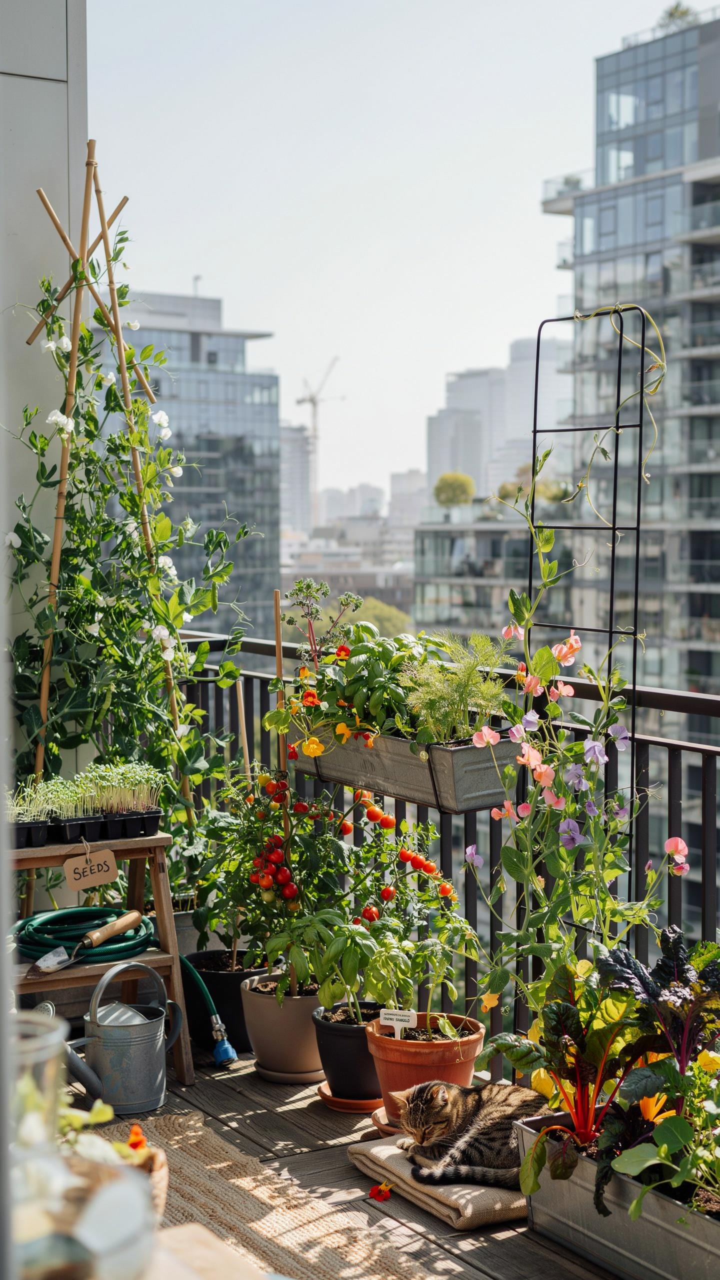 A vibrant, sunlit balcony garden is shown with various potted plants, flowers, and greenery against a backdrop of modern high-rise buildings under a c