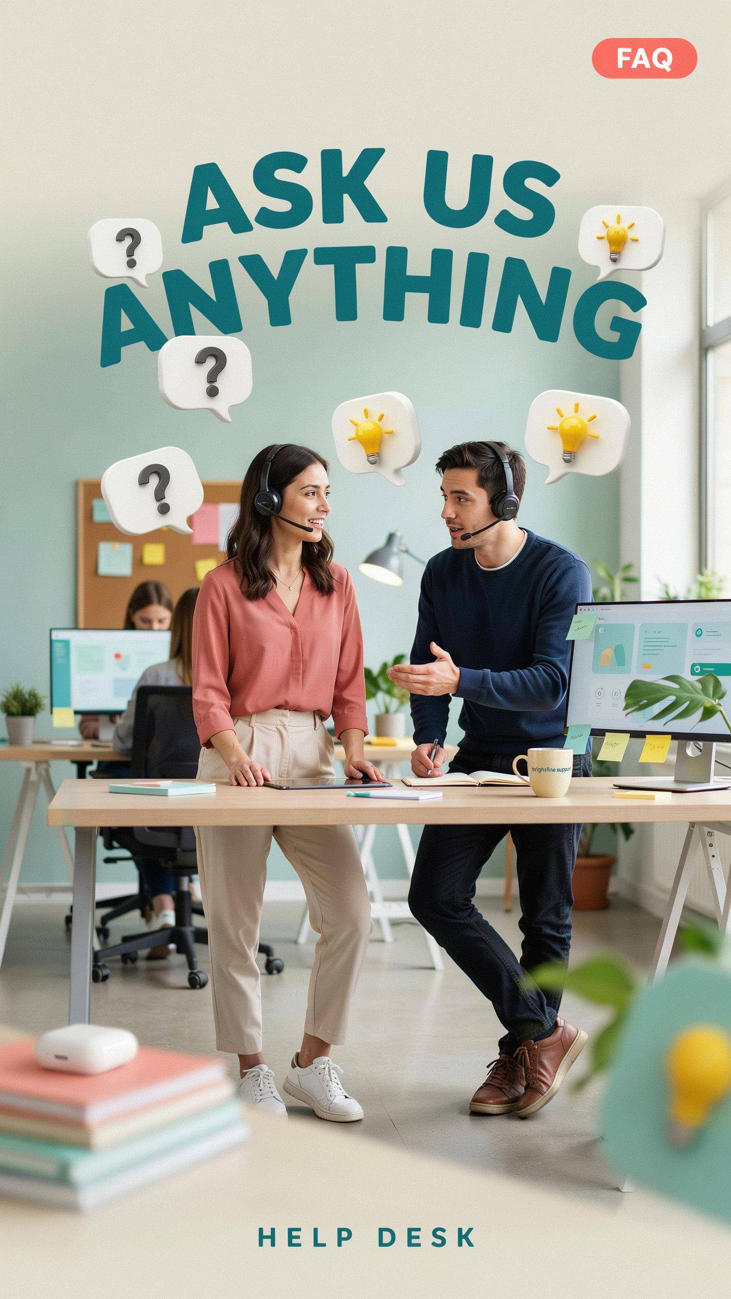 Two customer service representatives, a woman and a man, wearing headsets and talking to each other in a modern office with light blue walls and woode