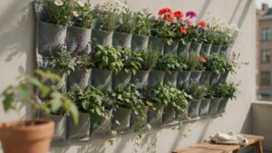 A large vertical garden with numerous green plants and colorful flowers in gray fabric pockets hangs on a light-colored outdoor wall, with a terracott