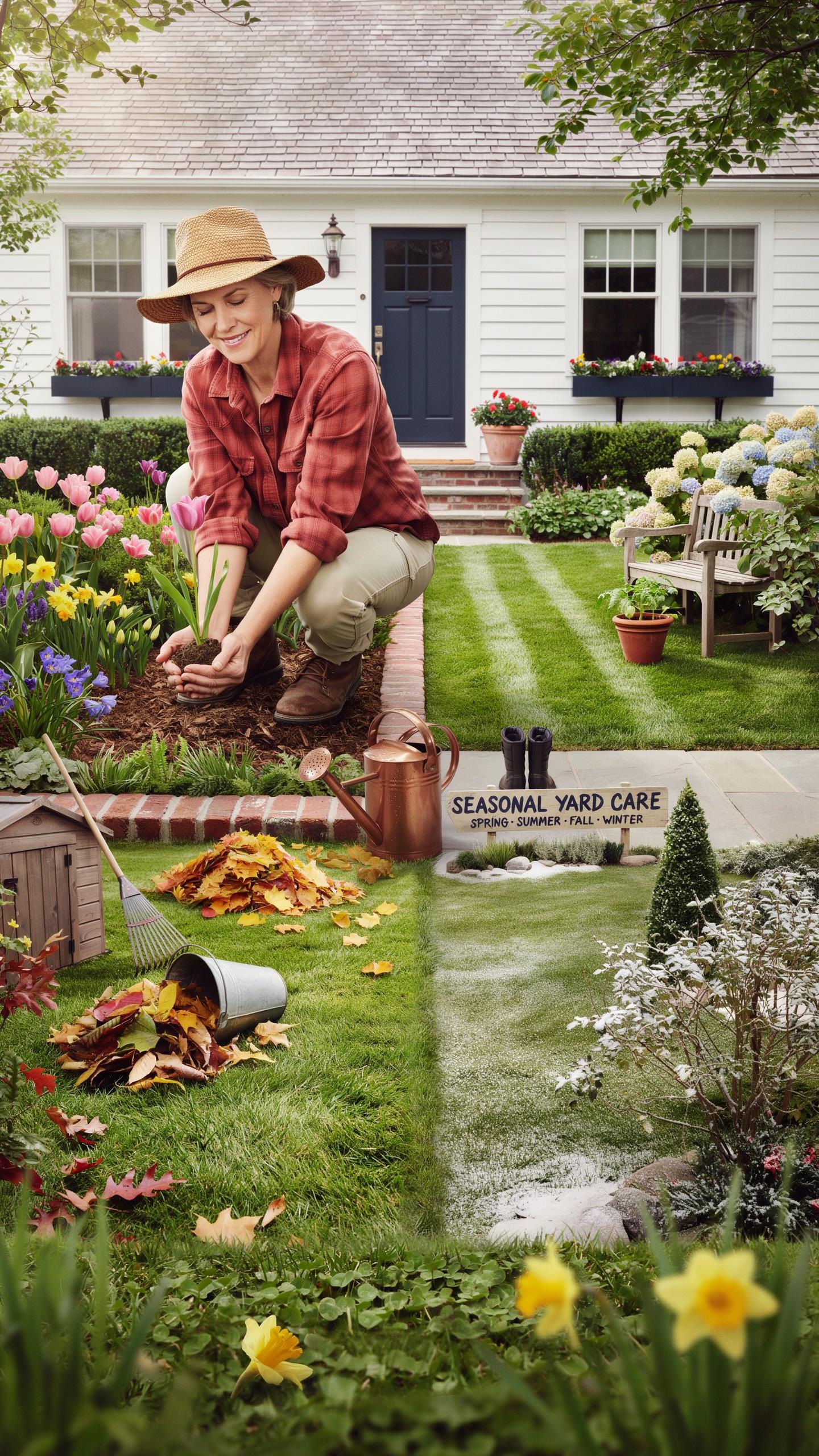 A woman in a straw hat and plaid shirt kneels in a vibrant garden, planting in the foreground of a white house, while the bottom half of the image is