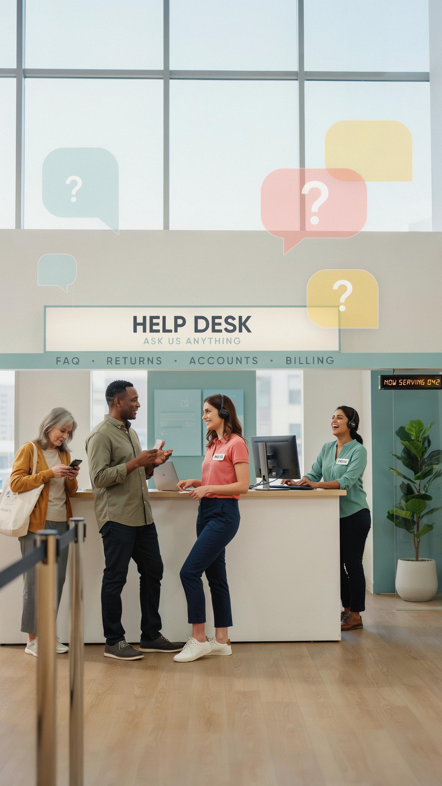 Four diverse people interact at a modern help desk with a prominent 'HELP DESK' sign, featuring three question mark speech bubbles floating above thei