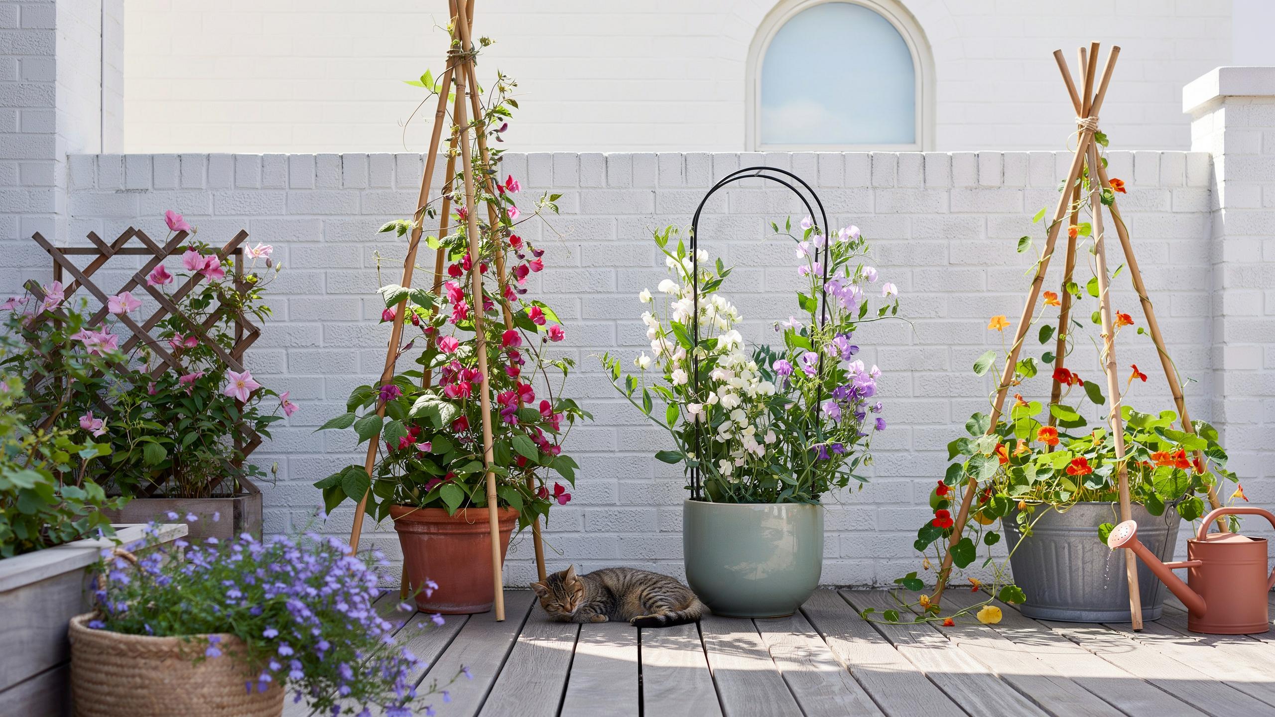 A cozy outdoor balcony features several potted flowering plants with climbing trellises, a light grey cat sleeping on the wooden deck, and a white wal