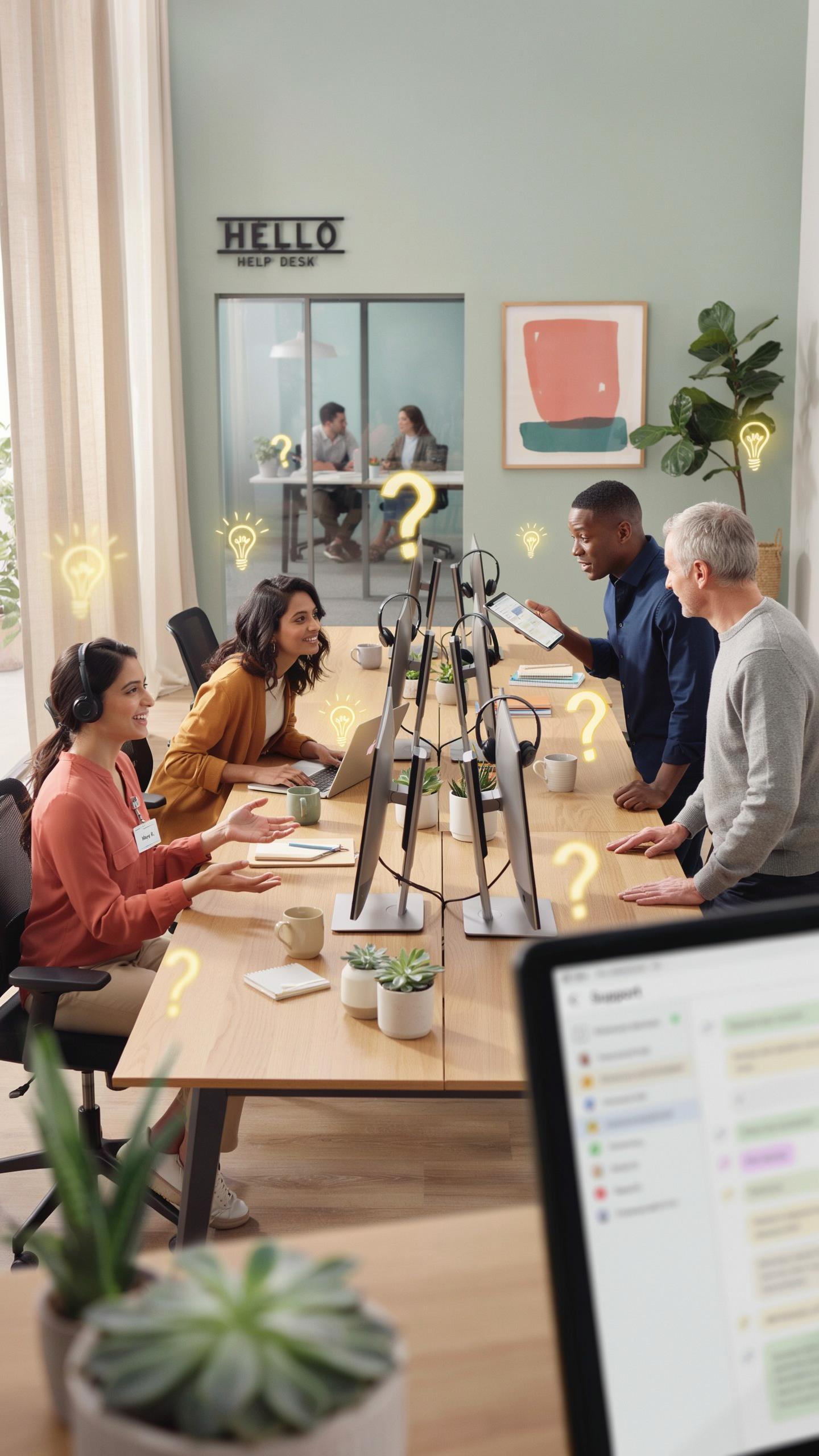 Four diverse office workers, two men and two women, collaborate in an open-plan office space with a light green accent wall, while two others work in