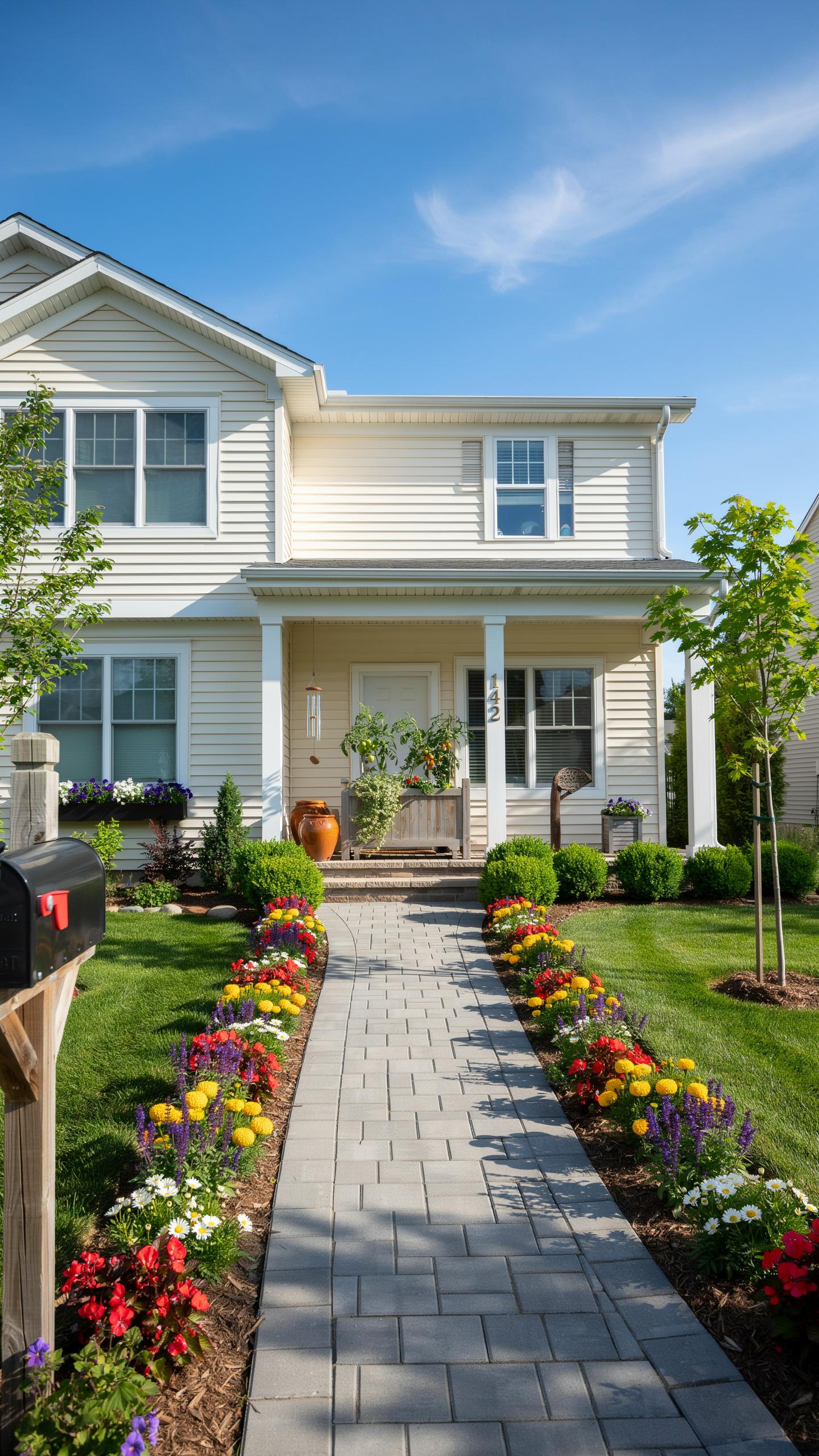 A two-story cream-colored house with white trim and a small porch is seen from the front, with a long grey paver walkway leading up to it, flanked by