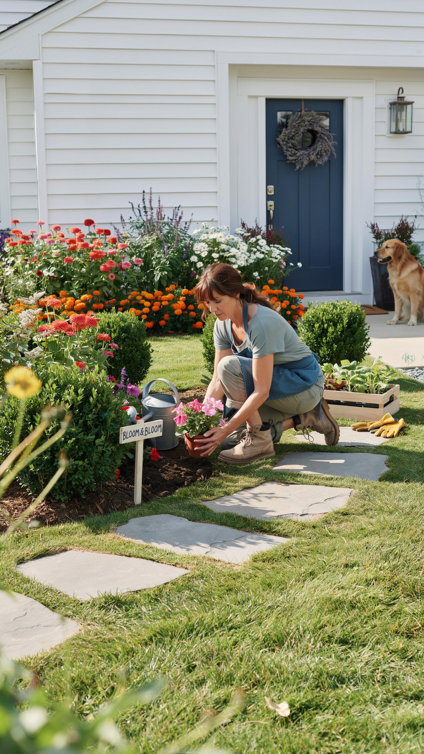 A woman with brown hair, wearing a blue shirt and apron, kneels to plant flowers in a vibrant garden in front of a white house with a dark blue door a