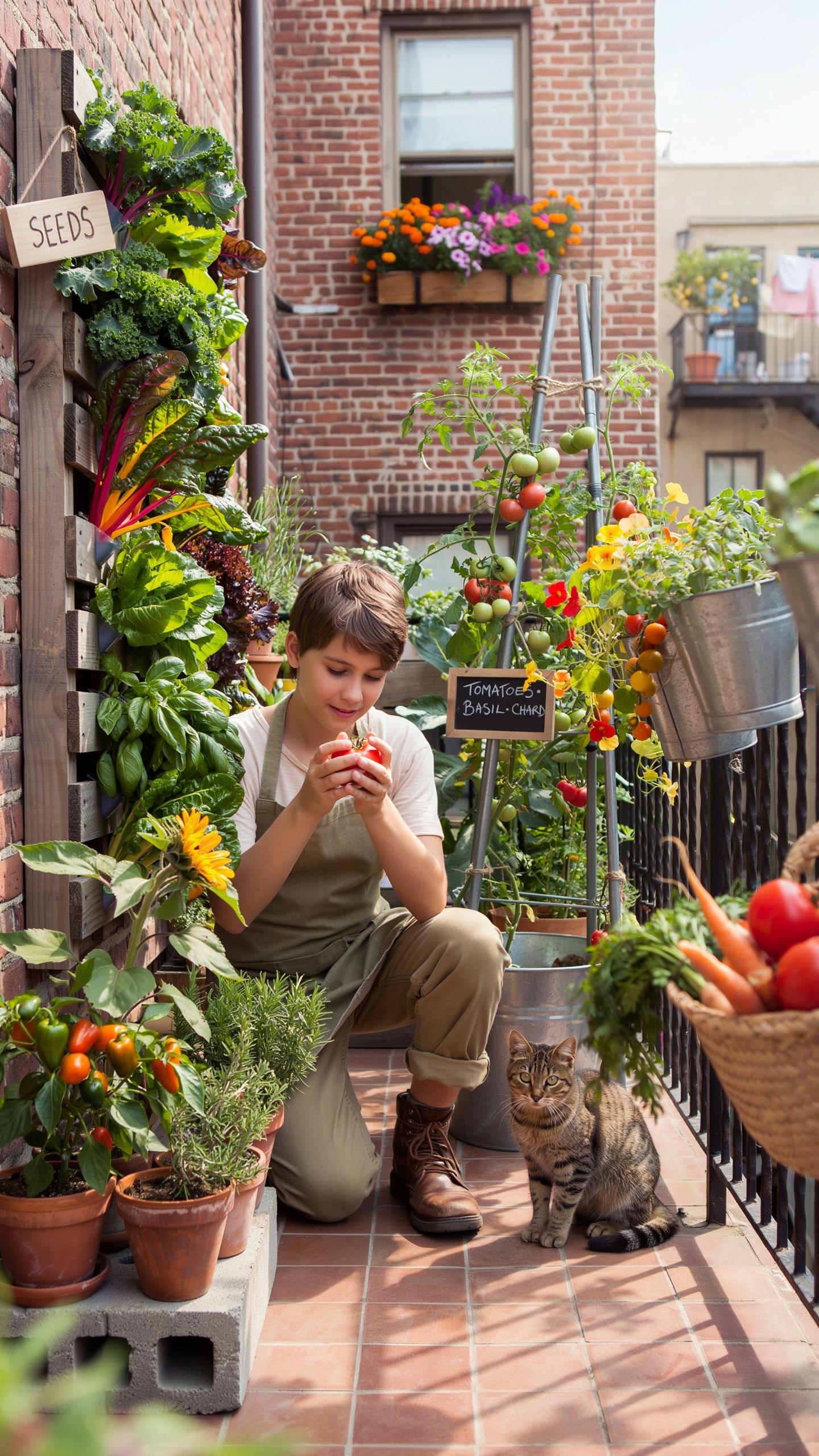 A person in an apron kneels on a balcony, holding a red tomato in their hands, while a tabby cat sits beside them looking at the viewer. Behind them a