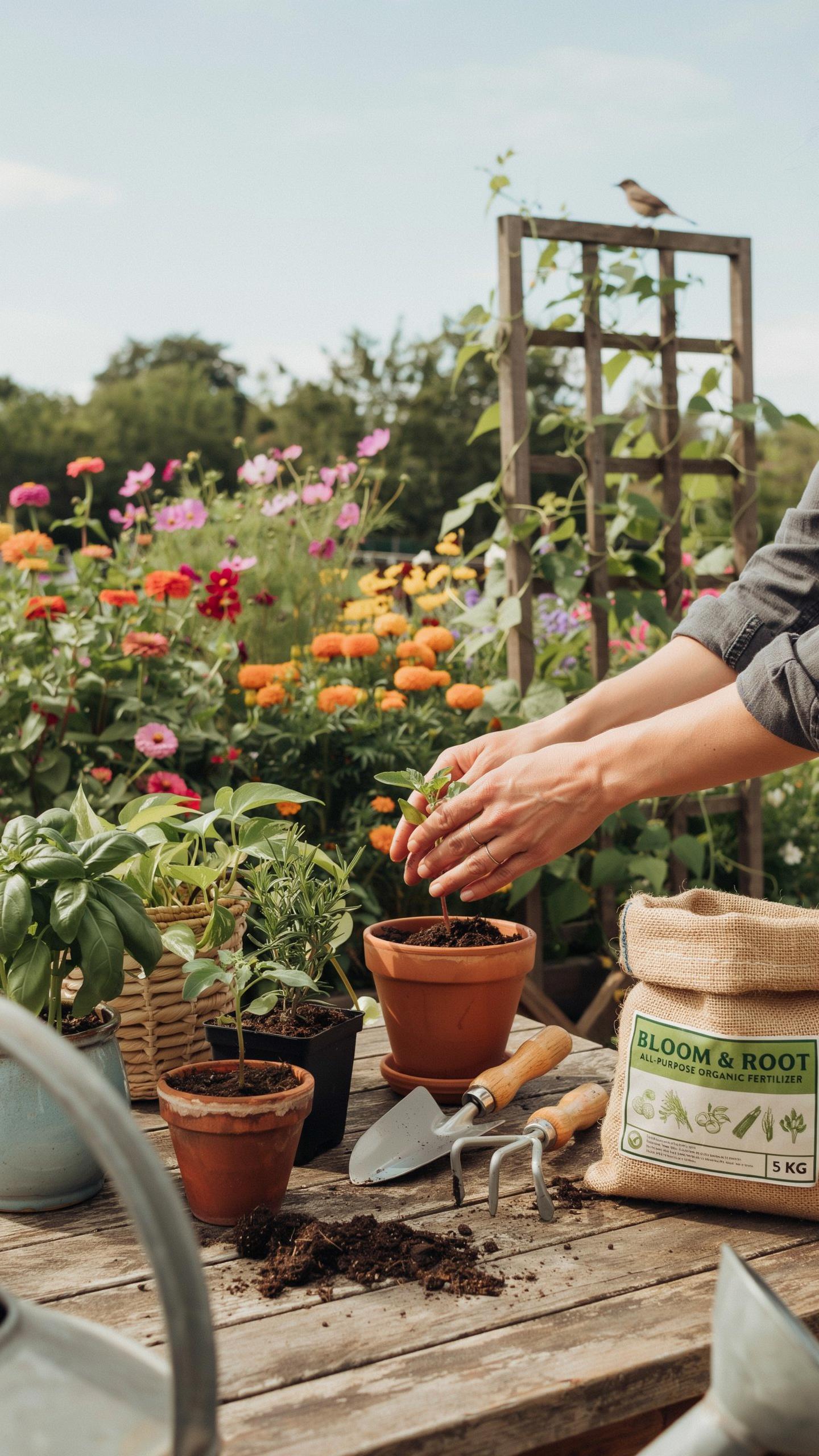 A person's hands are carefully transplanting a small green plant into a terra cotta pot on a rustic wooden table, surrounded by gardening tools, soil,