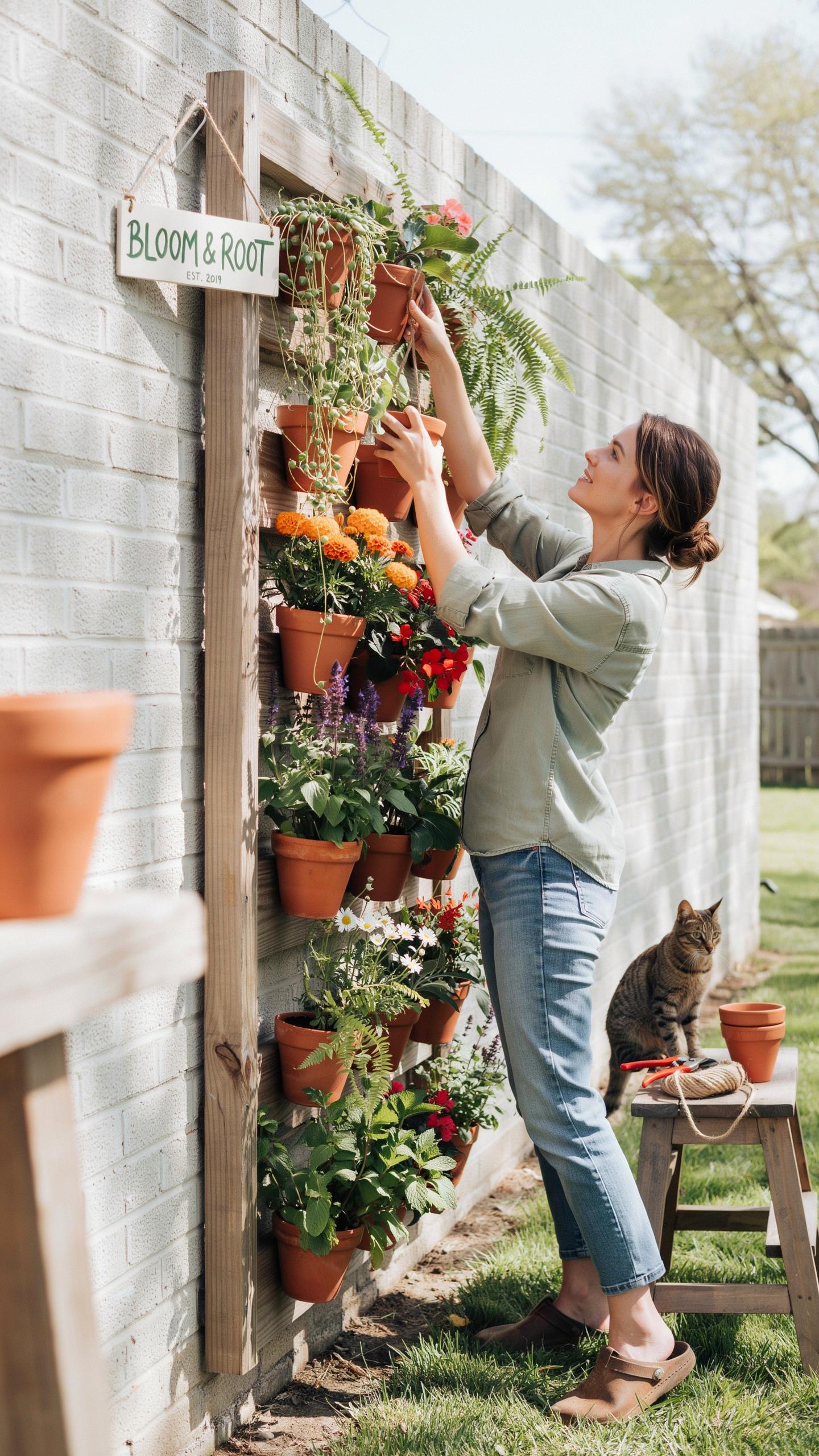 A woman with brown hair in a messy bun, wearing a green button-up shirt and blue jeans, tends to plants on a vertical garden against a white brick wal