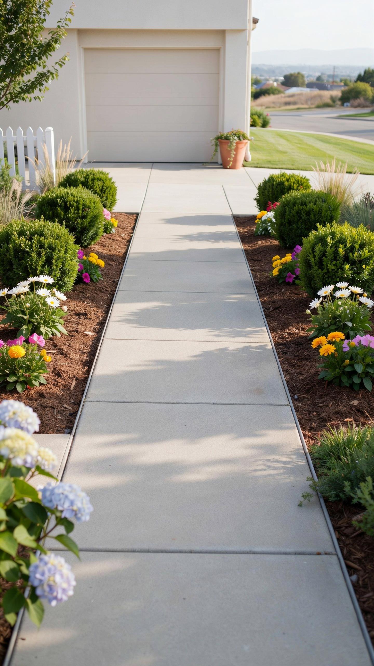A long, straight concrete walkway leads from the foreground towards a white garage door, flanked on both sides by landscaped garden beds filled with g