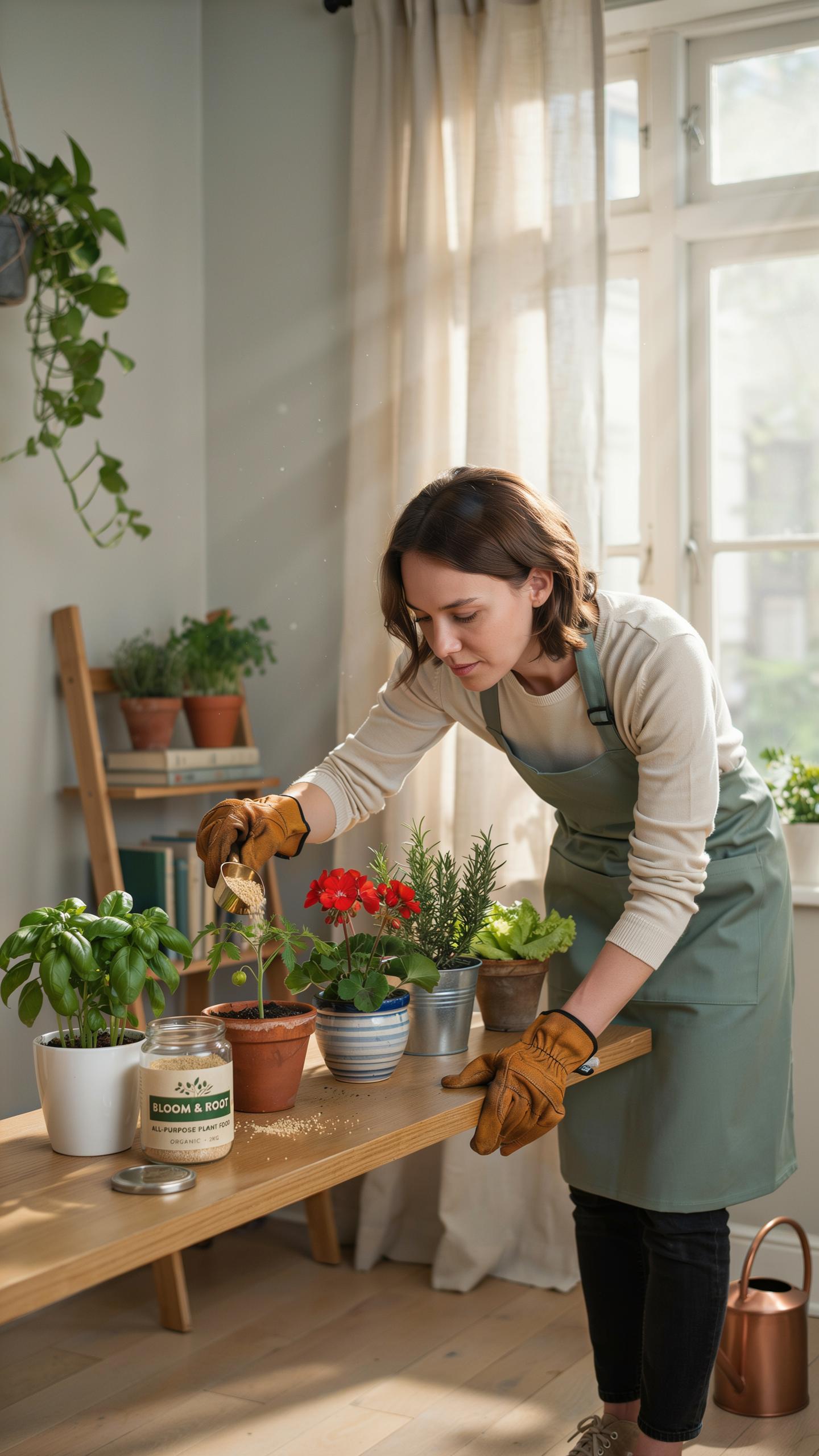 A woman with brown hair and wearing a green apron and gardening gloves is adding a light brown granular substance from a glass jar to a small potted p