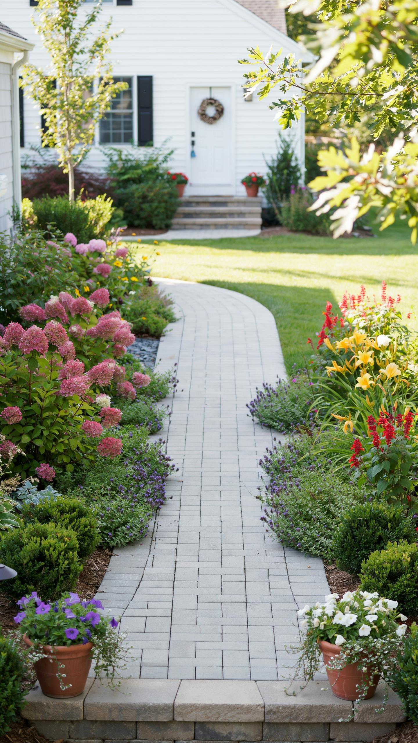 A stone paver pathway winds through a lush, colorful garden towards a white house with black shutters and a wreath on the front door.