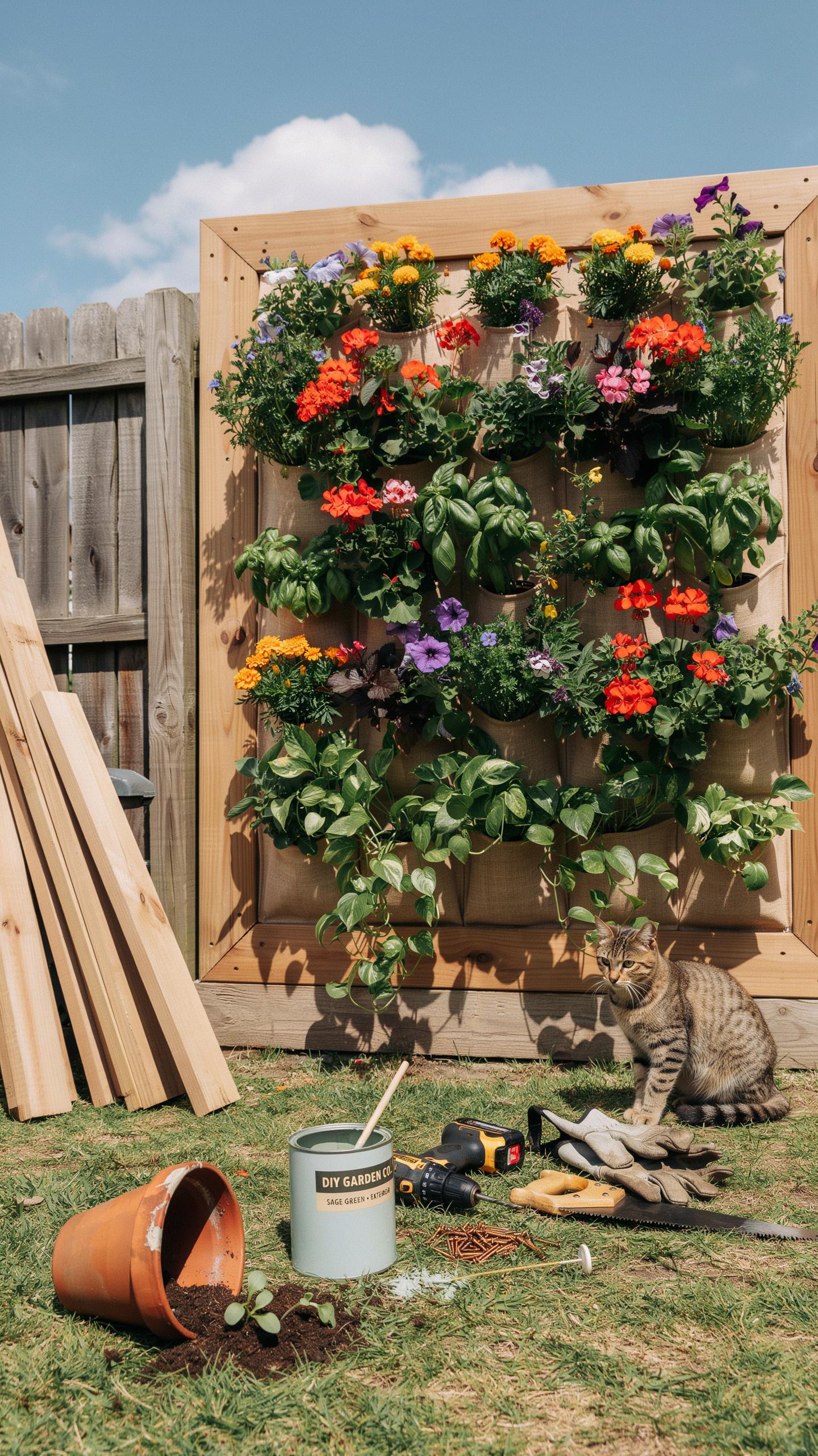 A large vertical garden made of light wood with multiple tiers of colorful flowers and green plants is prominently featured, with gardening tools and