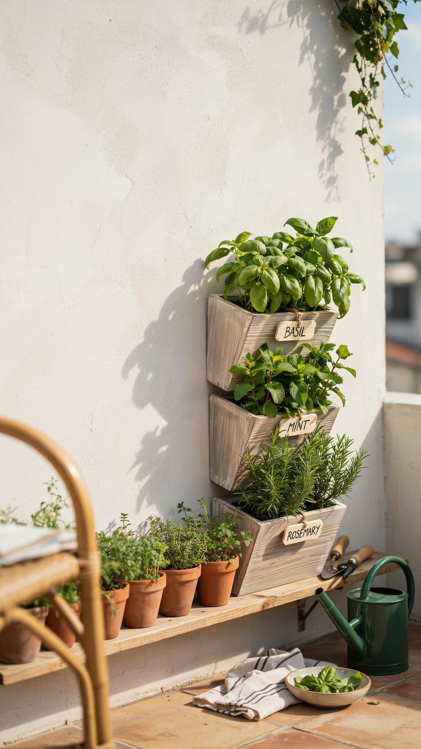 A close-up shot shows an outdoor herb garden with a three-tiered wooden planter hanging on a white wall, containing basil, sage, and rosemary, alongsi