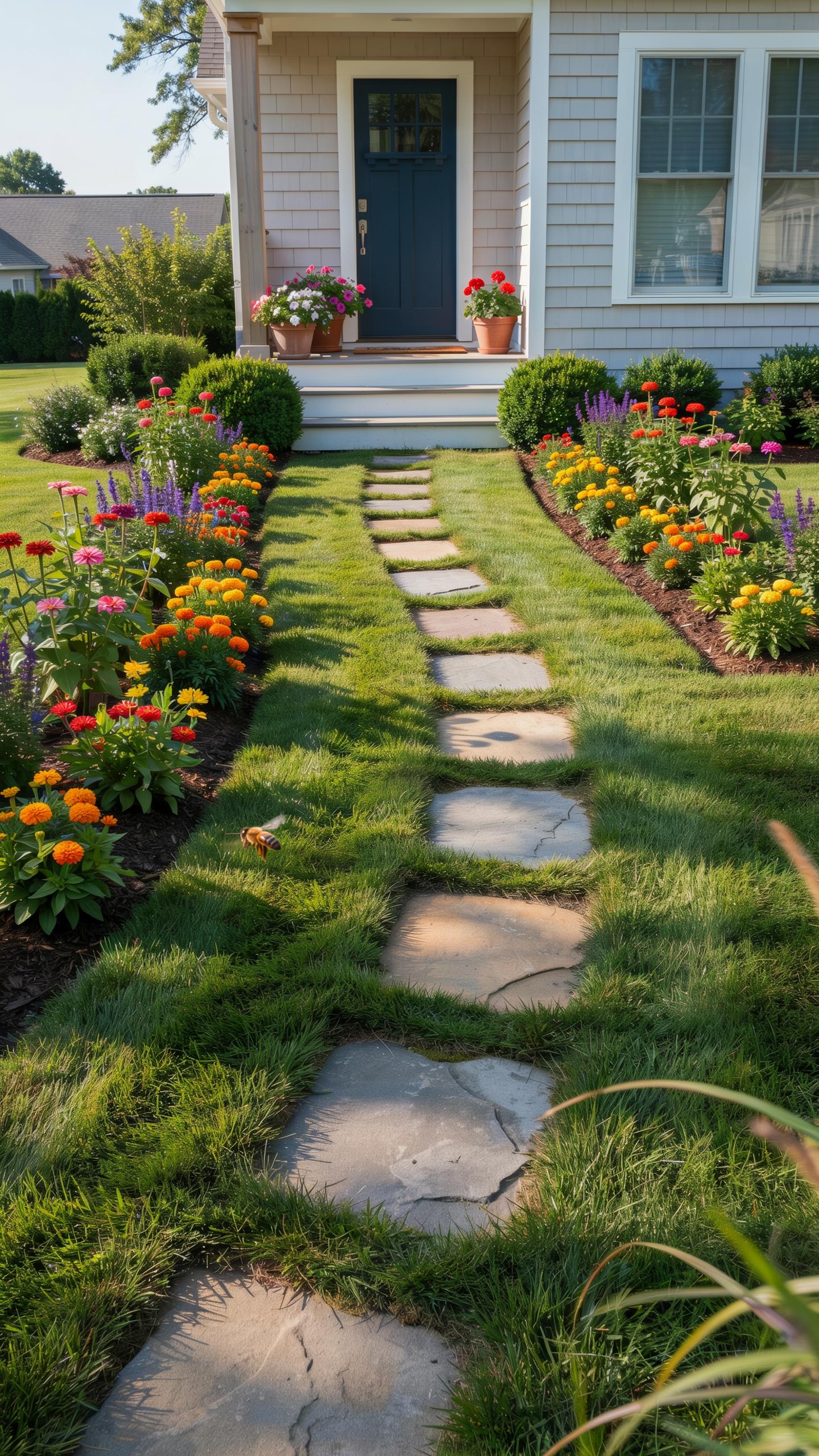 A stone walkway leads through a vibrant, manicured garden towards the front door of a light gray house under a clear sky.