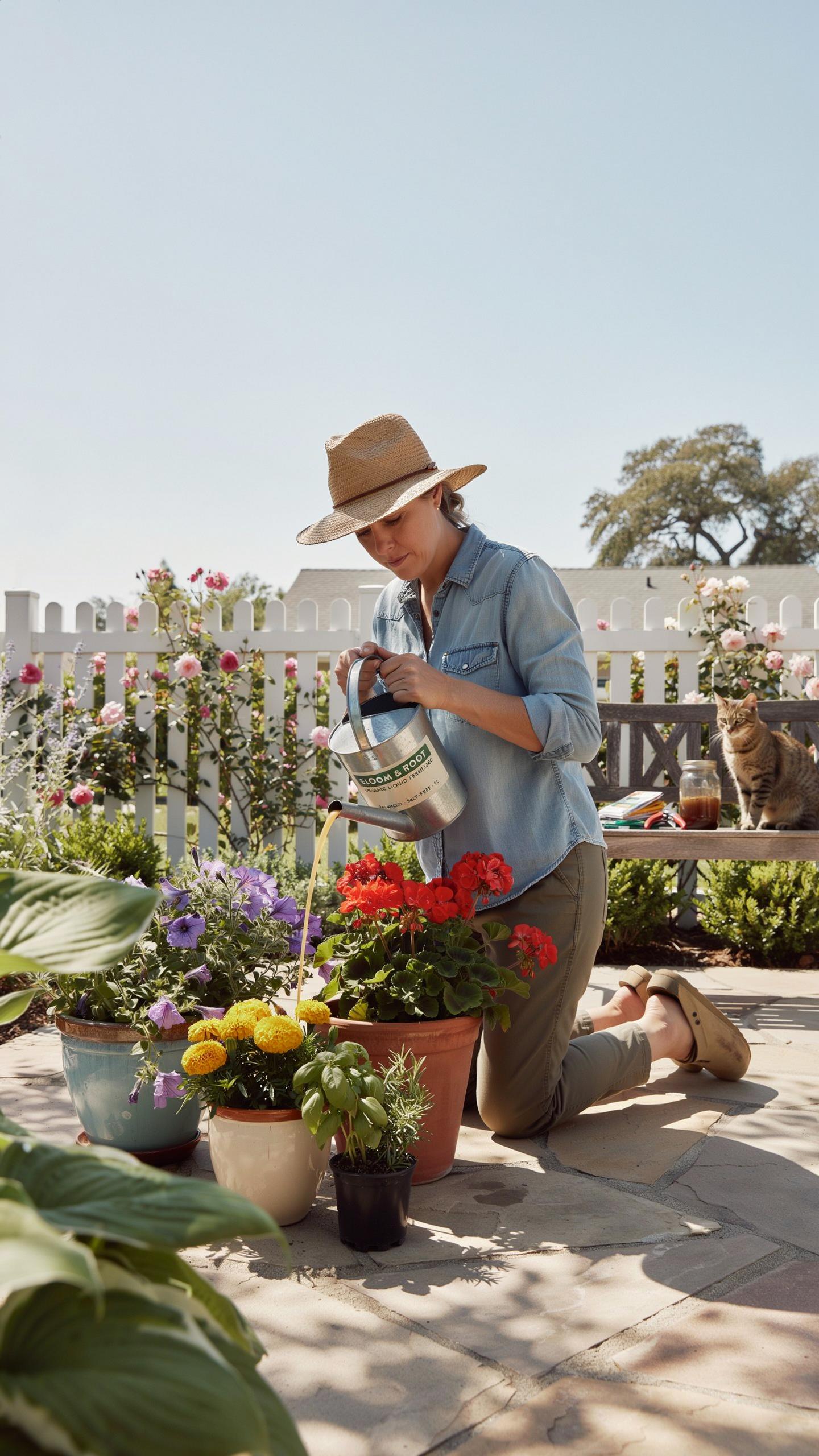 A woman wearing a straw hat, denim shirt, and olive pants kneels on a stone patio, watering red flowers in a pot with a gray watering can, with other