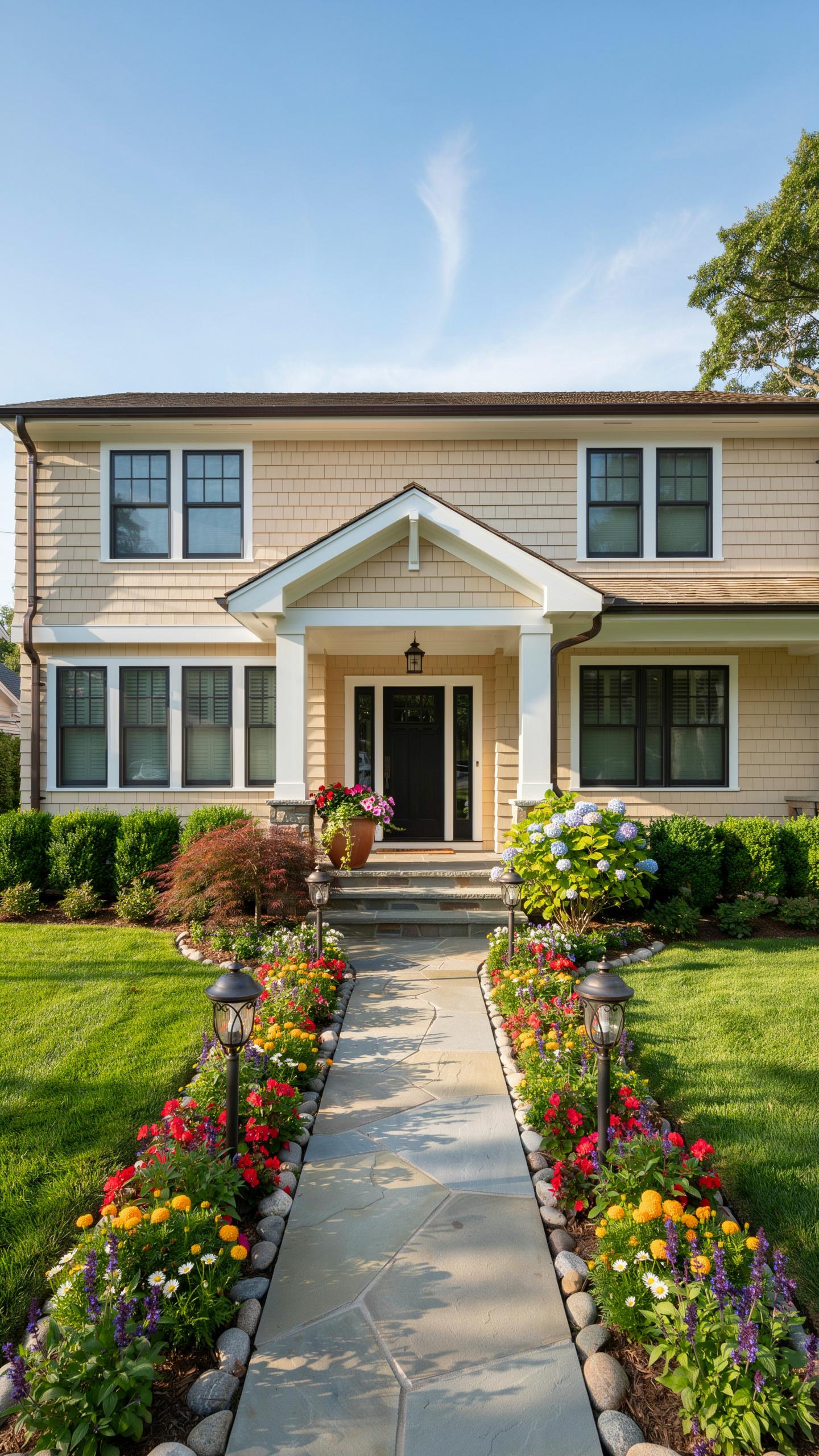 A beige two-story house with a white columned porch and a dark front door, accessed by a stone walkway lined with colorful flowerbeds and small lanter
