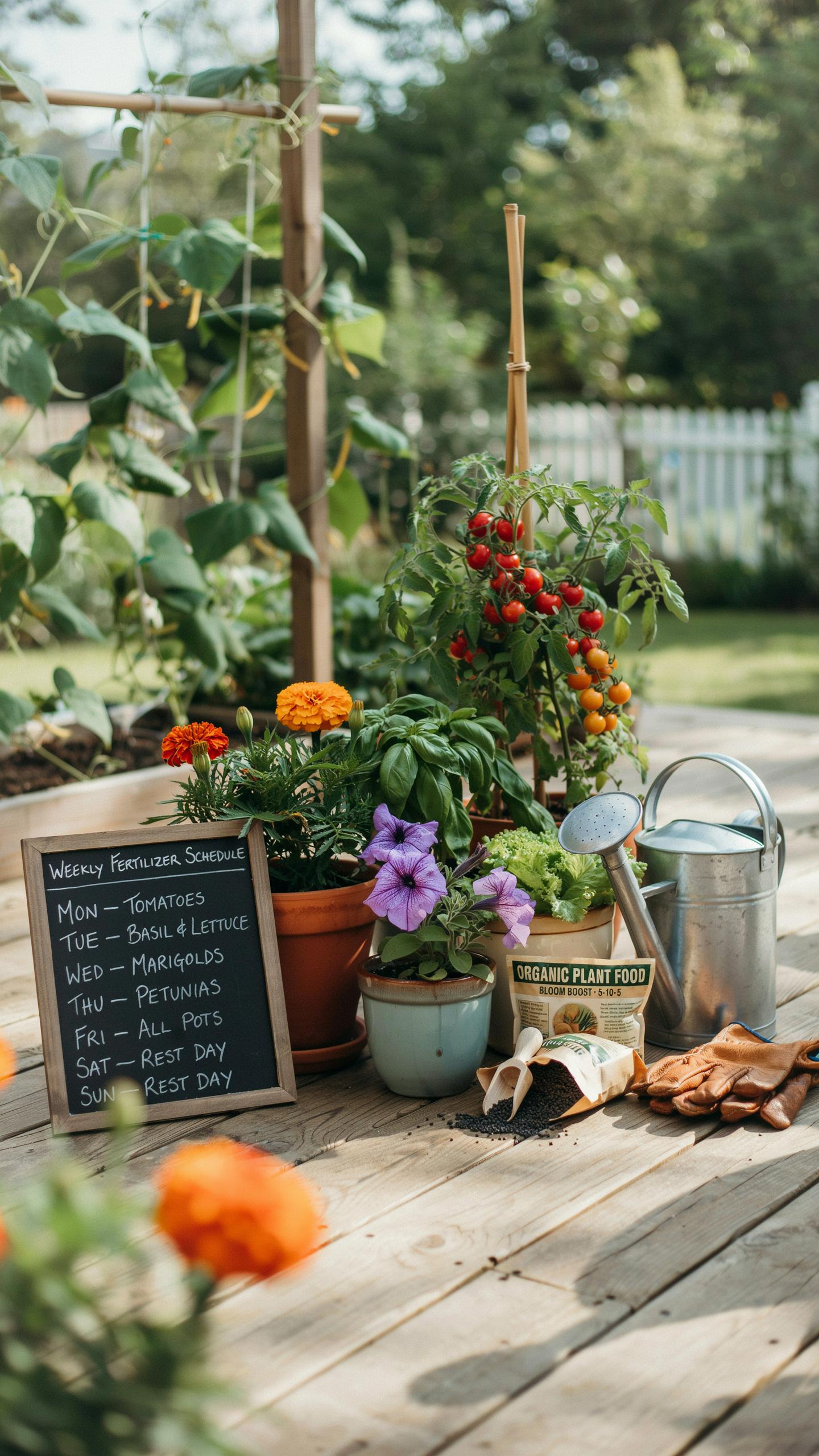A vibrant garden setup features a wooden raised bed with green plants and trellises, a dark chalkboard with a handwritten plant schedule, various pott