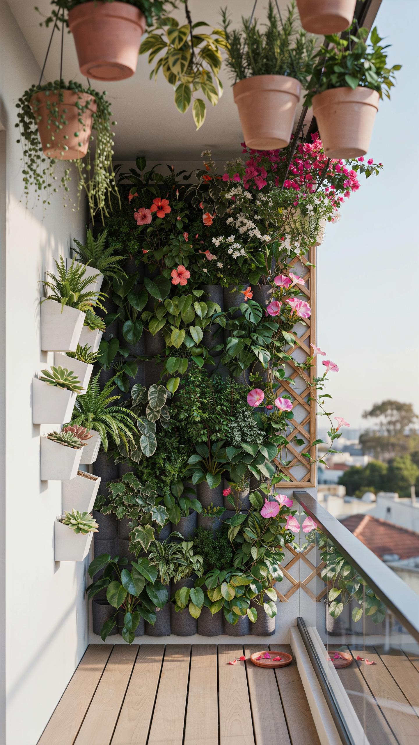 A narrow balcony features a lush vertical garden covering an entire wall, with various green plants and colorful flowering plants in pots and wall-mou