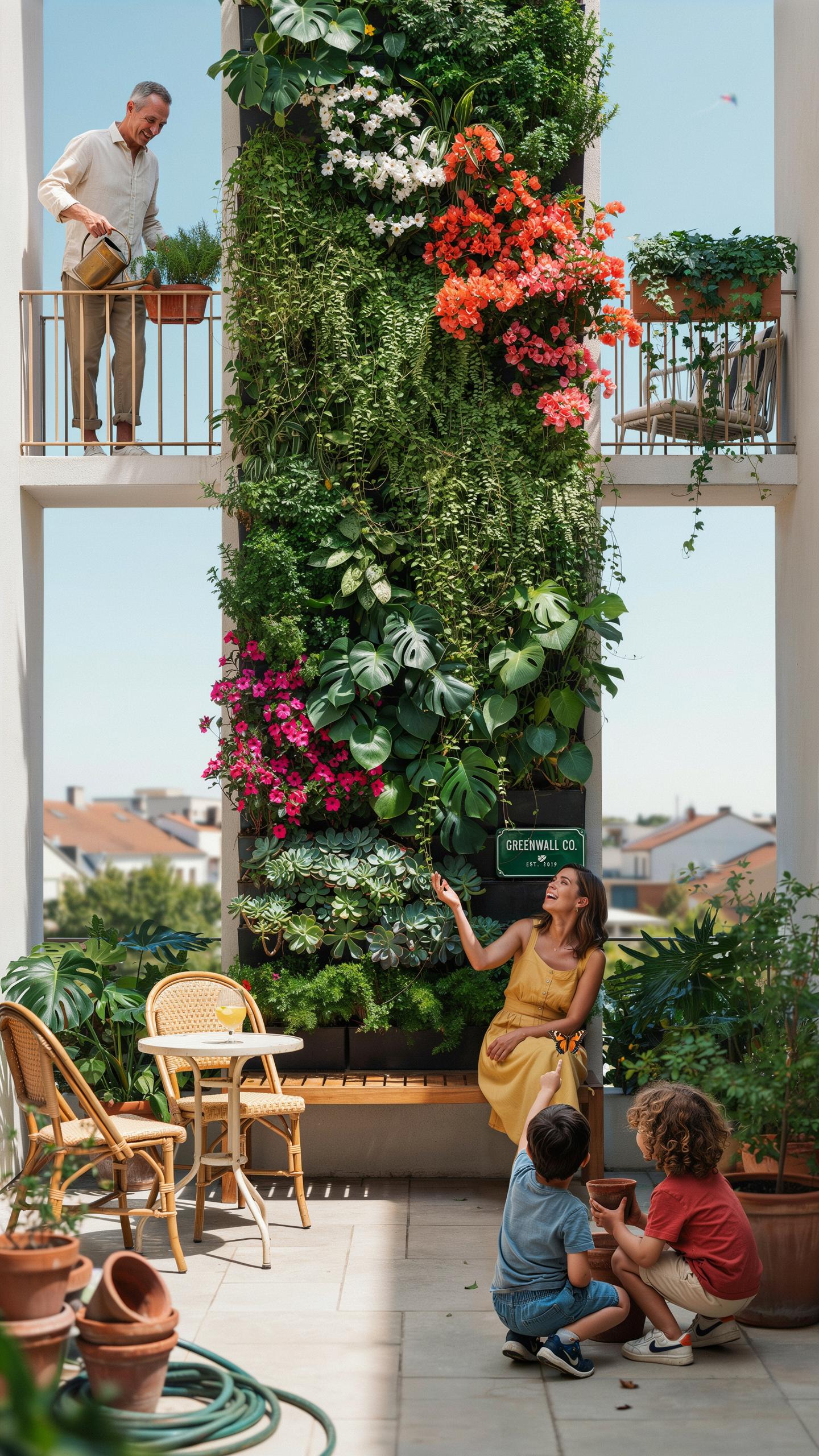 A man stands on an upper balcony, watering a plant, while below him, a vertical garden of lush green plants and colorful flowers spans the height of t