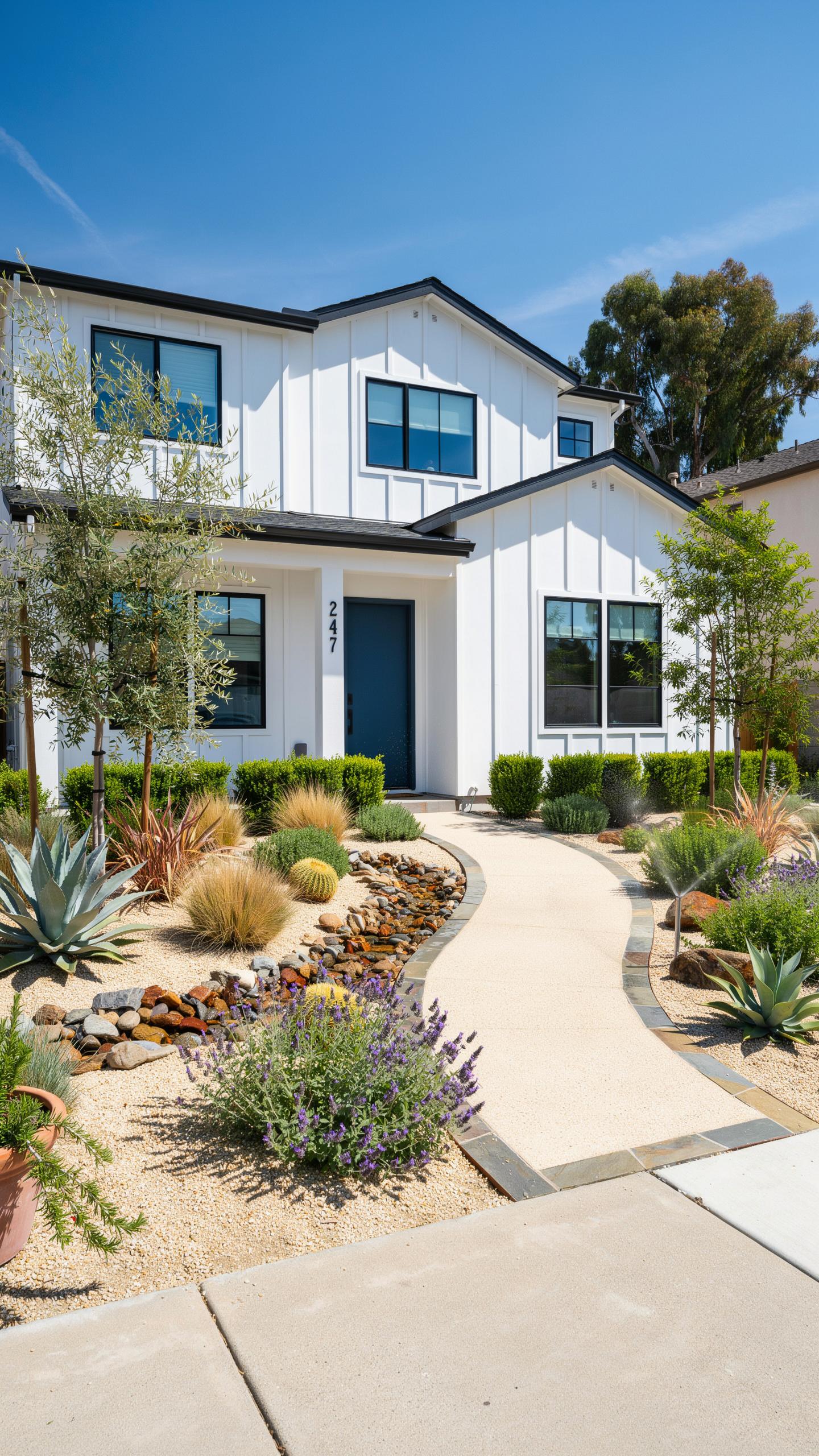 A modern two-story white house with black trim and a dark blue front door is set amidst a drought-tolerant garden with various succulents, ornamental