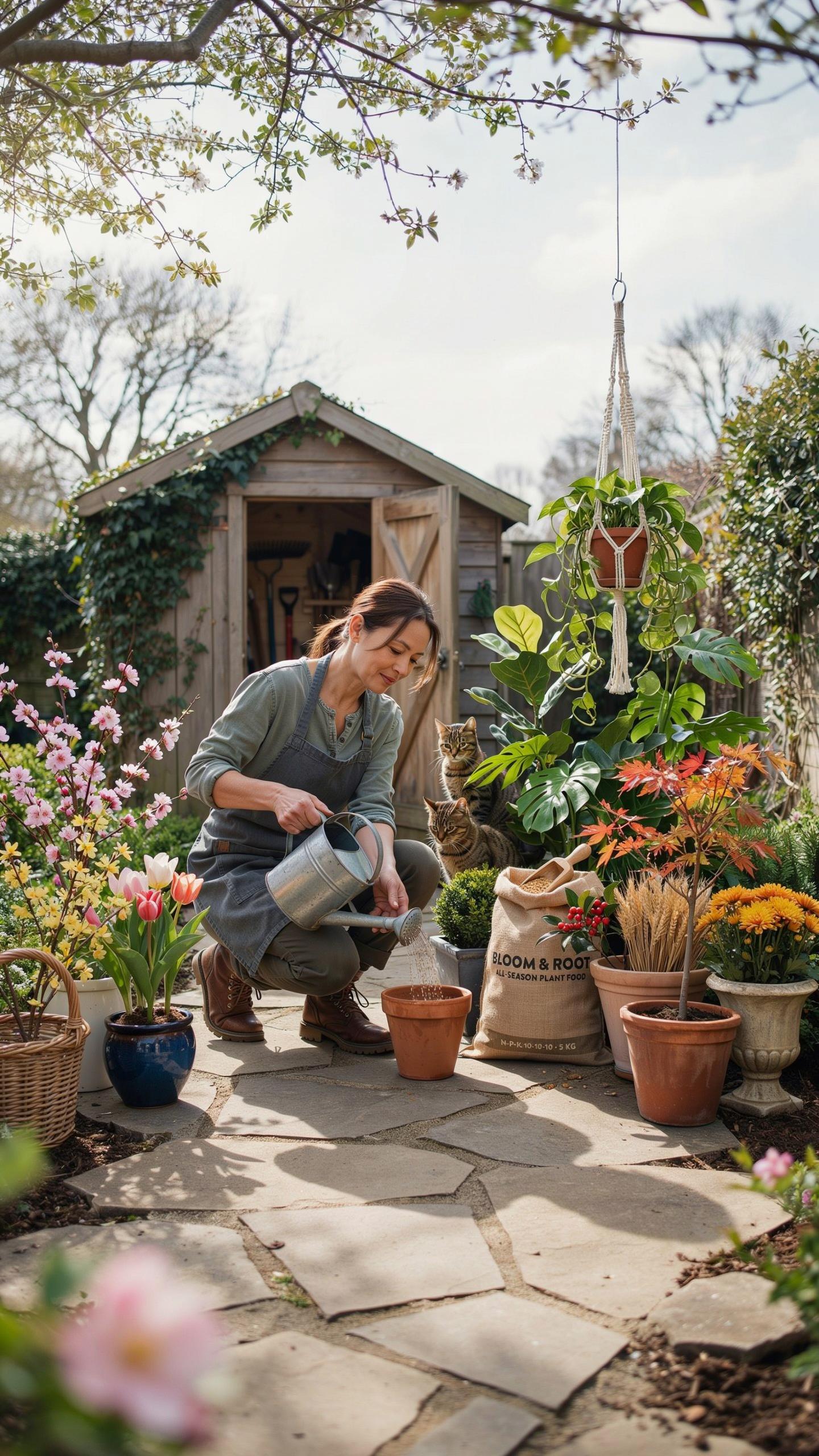 A woman with dark hair and an apron crouches on a flagstone path in a lush garden, watering a terracotta pot with a grey watering can. Behind her is a