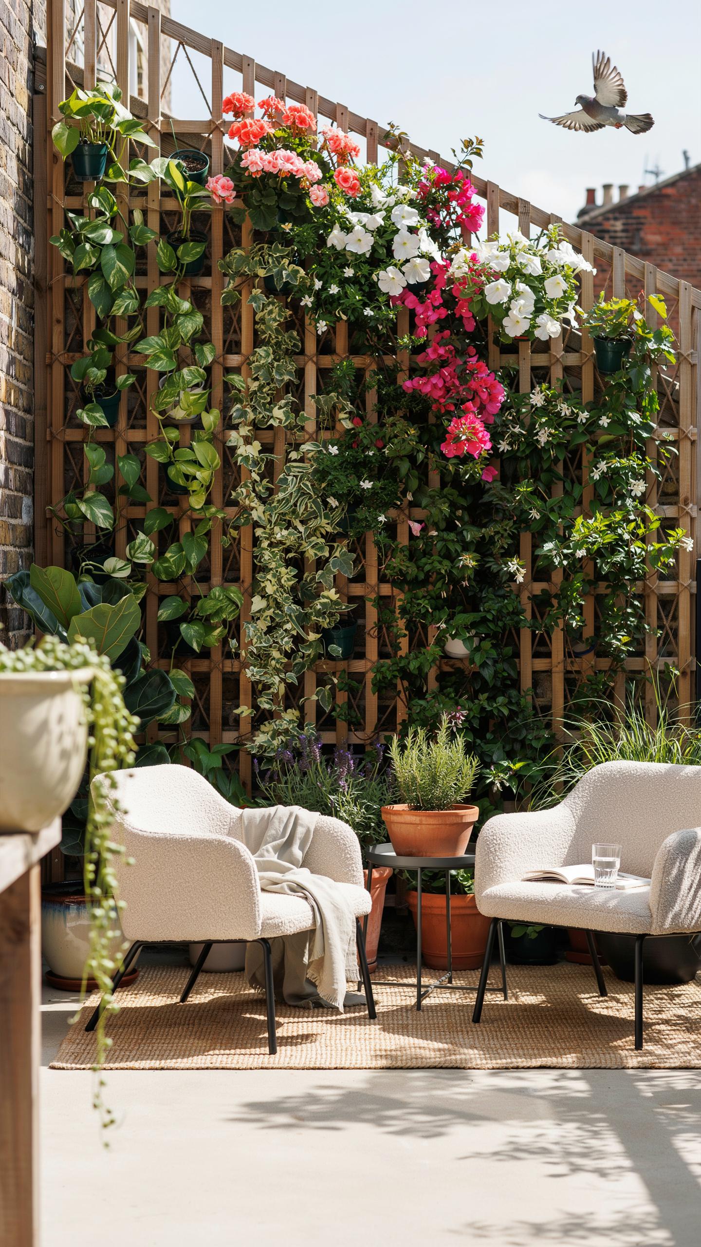 Two light-colored patio chairs with throw blankets are arranged around a small table with potted plants in a cozy backyard space, backed by a wooden t