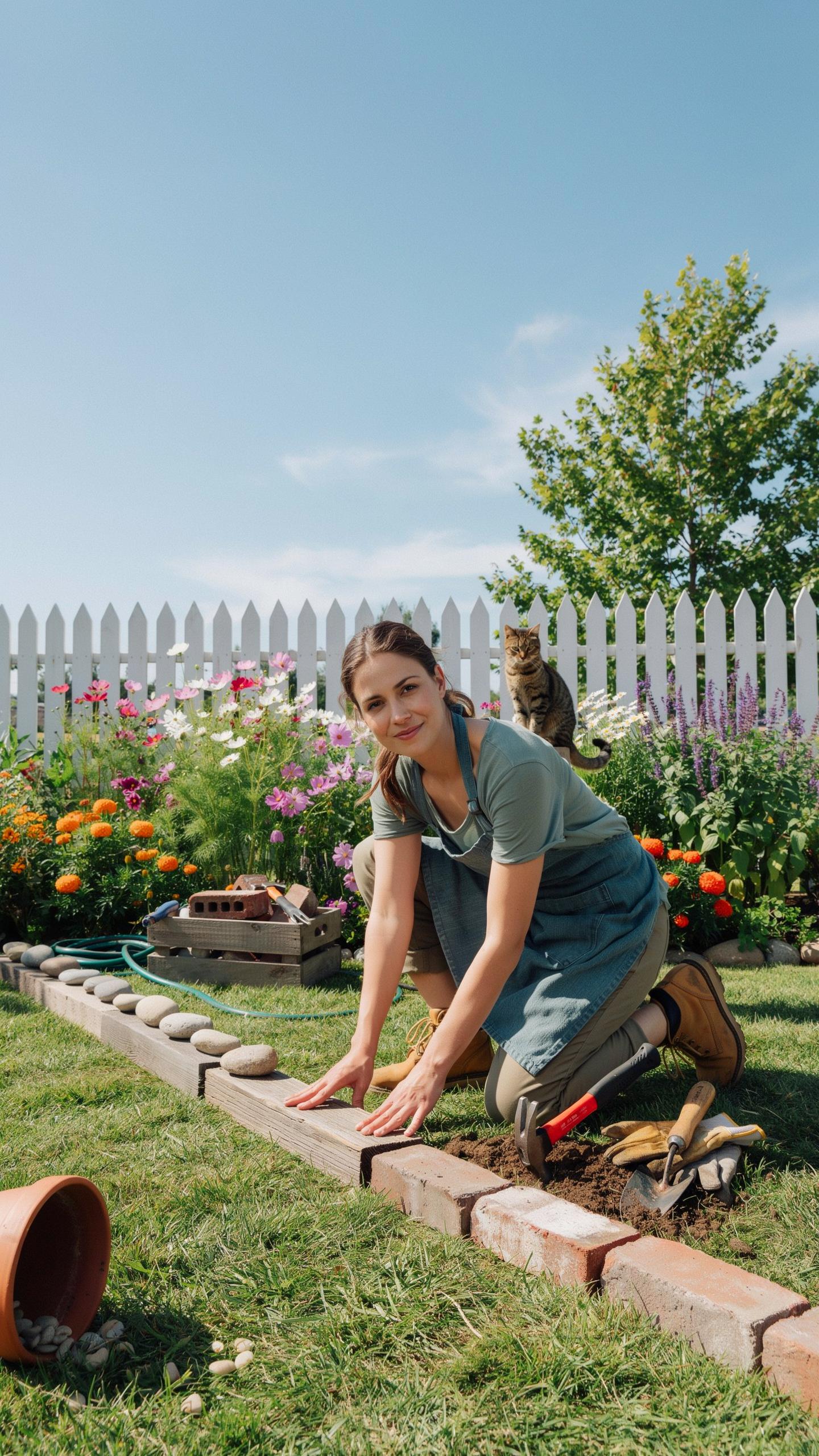 A young woman with brown hair, wearing a green shirt and denim apron, kneels on green grass in a sunny garden, placing a brick paver for an edging pro