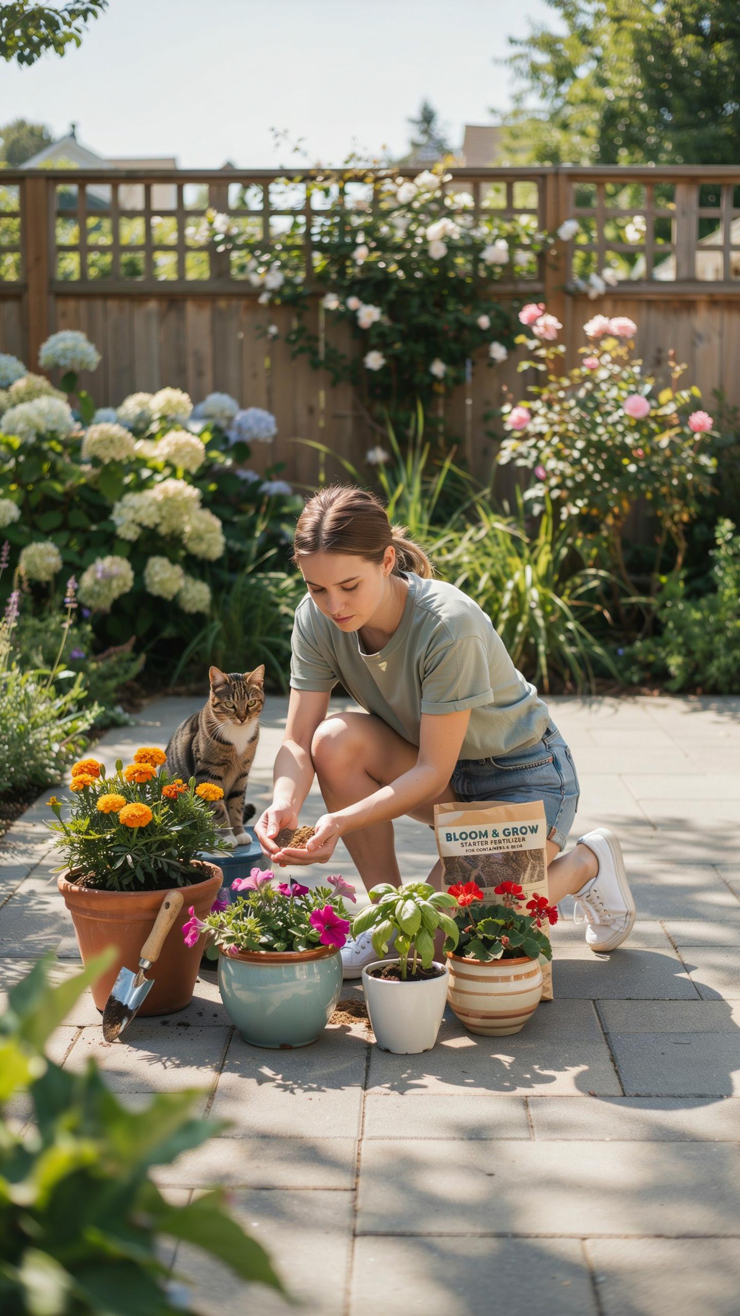 A young woman with light brown hair in a green t-shirt and denim shorts kneels on a stone patio, planting flowers in terracotta pots. A brown tabby ca