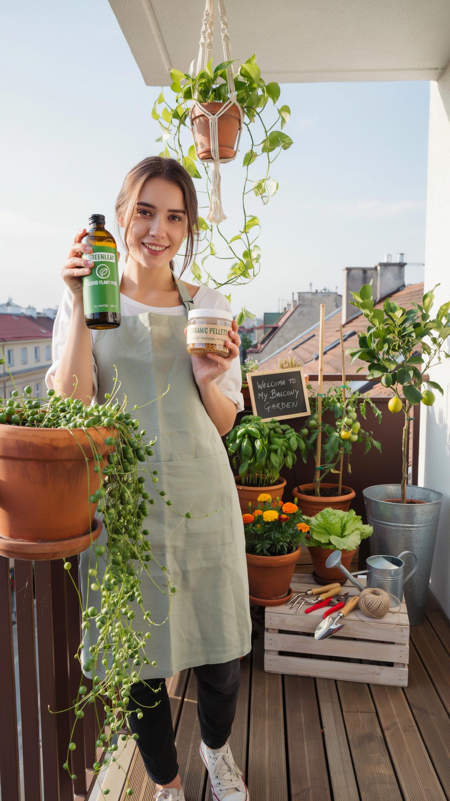 A smiling young woman with dark hair, wearing a light green apron and black leggings, stands on a balcony holding a green bottle and a jar of potting